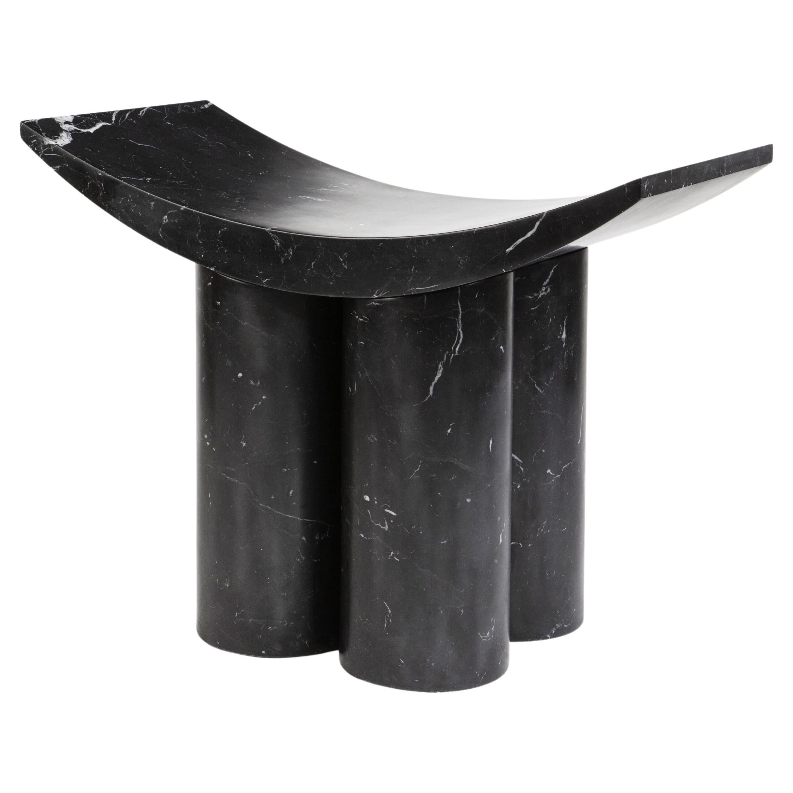 Curved Seat Three Cylindrical Legs Black Marble Stool by Pietro Franceschini