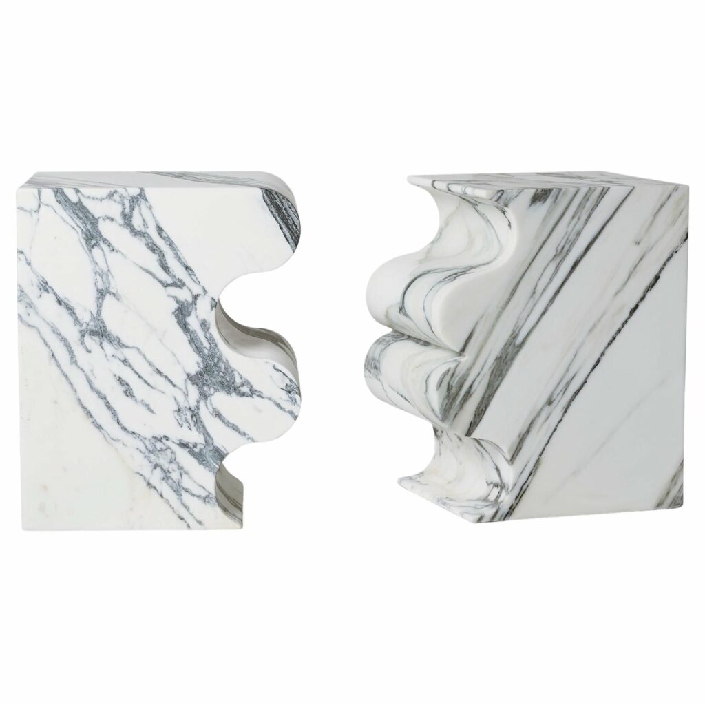 Set of 2 Block Wavy Shape White Marble Sculpted Stool by Pietro Franceschini 1