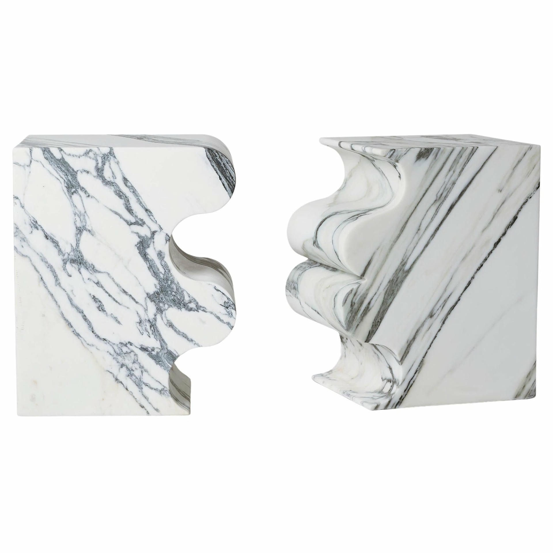 Set of 2 Block Wavy Shape White Marble Sculpted Stool by Pietro Franceschini 1
