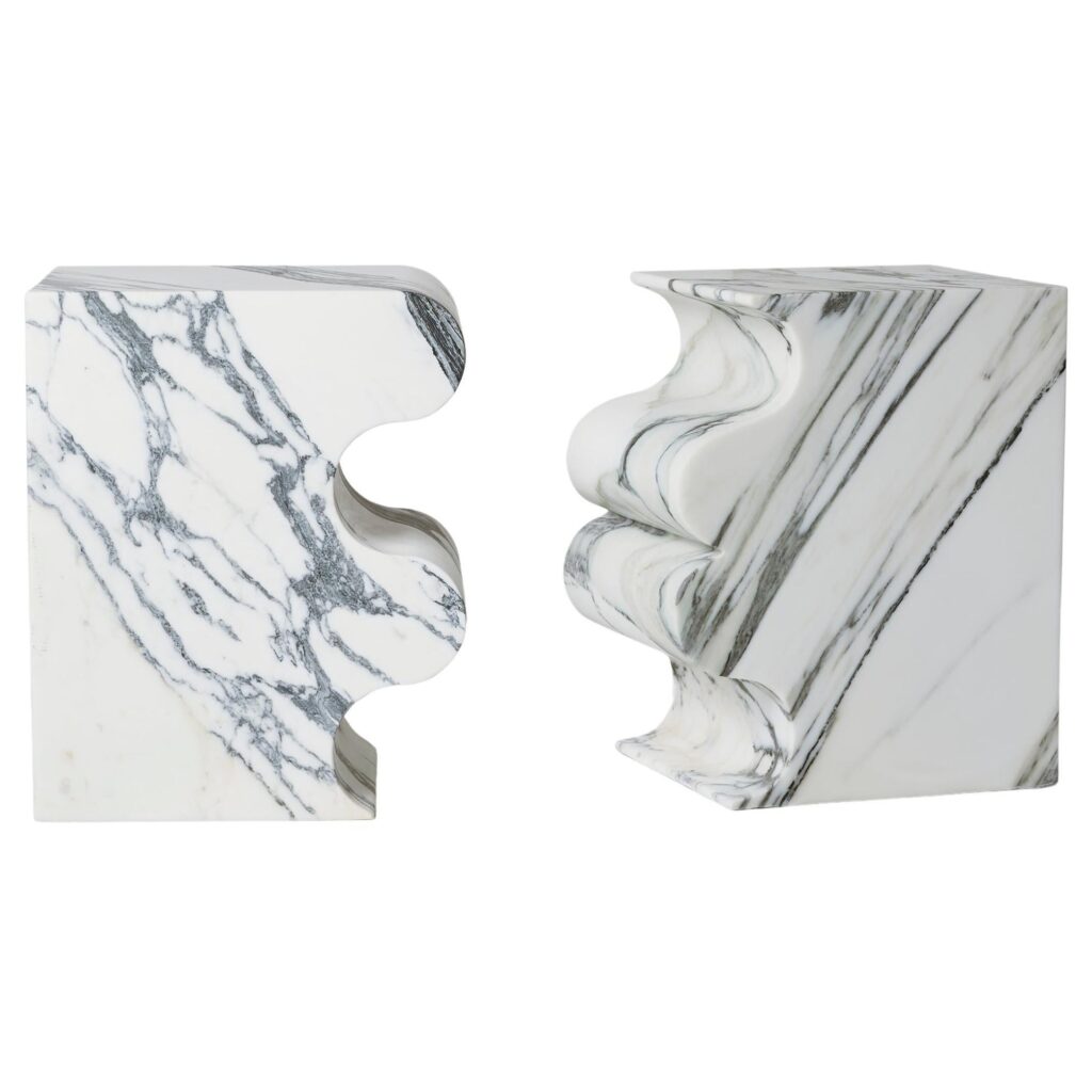 Set of 2 Block Wavy Shape White Marble Sculpted Stool by Pietro Franceschini 1