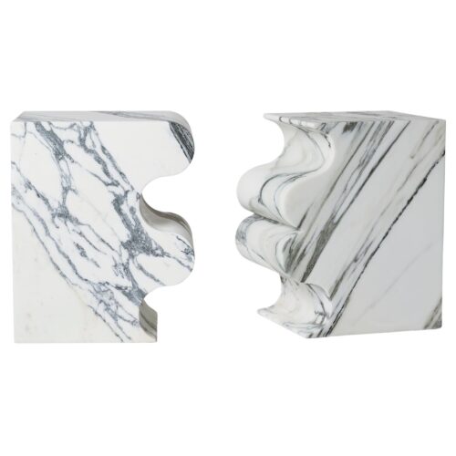 Set of 2 Block Wavy Shape White Marble Sculpted Stool by Pietro Franceschini 1