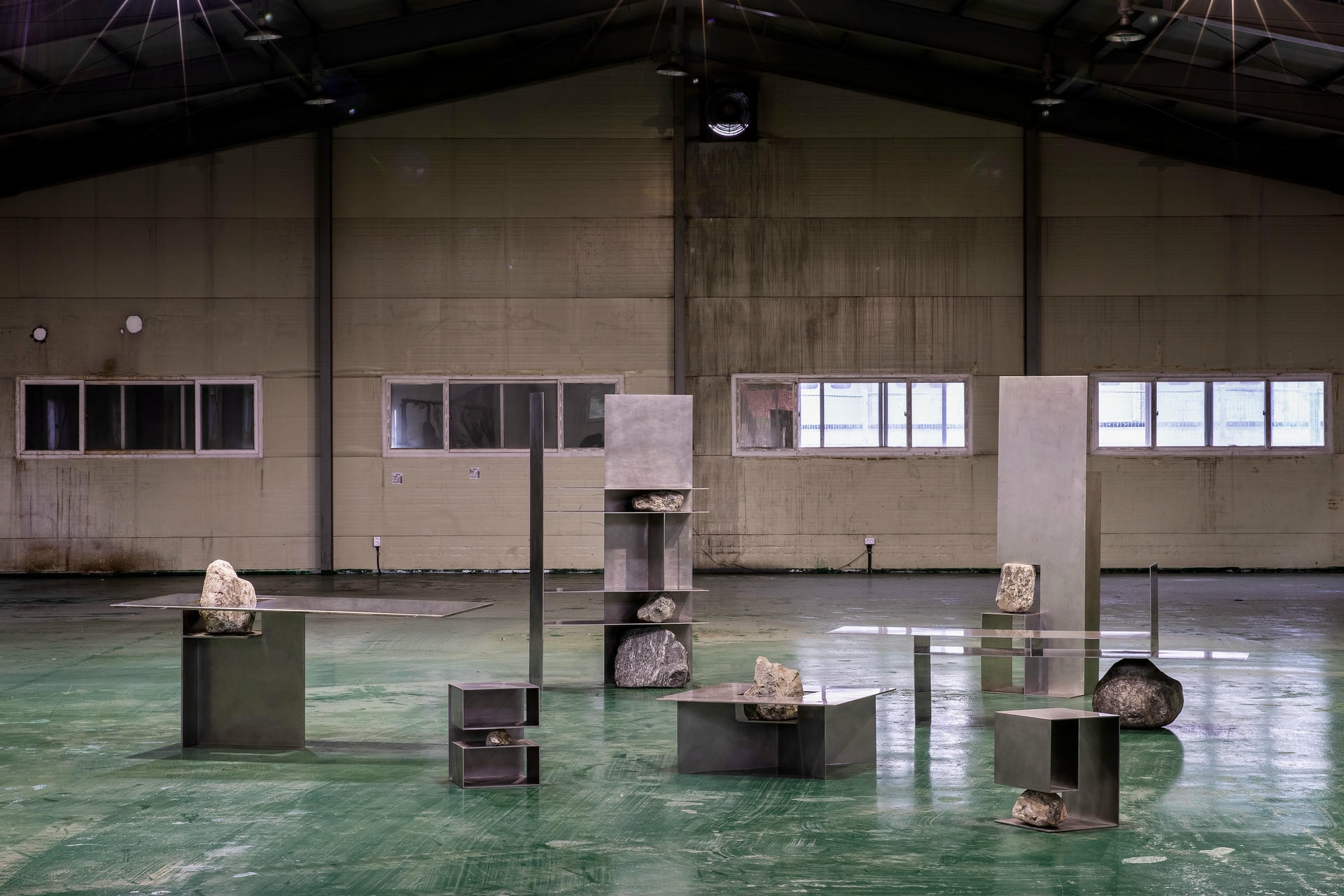 Two Open Ended Rectangular Boxes Stainless Steel Stool with Stone by Lee Sisan 6