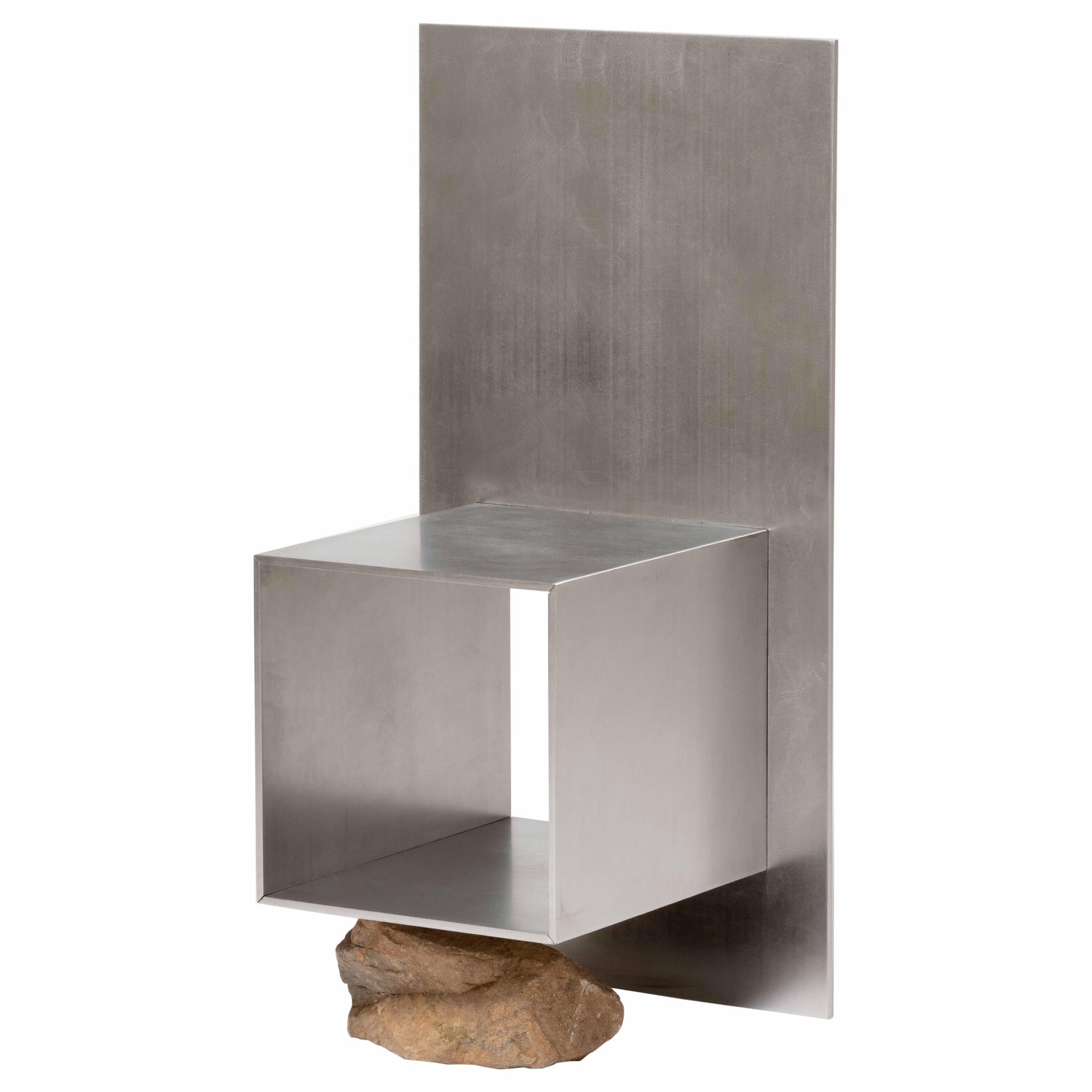 Contemporary Block Form Stainless Steel Chair with Natural Stone by Lee Sisan 1