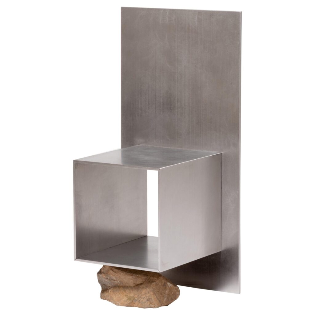 Contemporary Block Form Stainless Steel Chair with Natural Stone by Lee Sisan 1