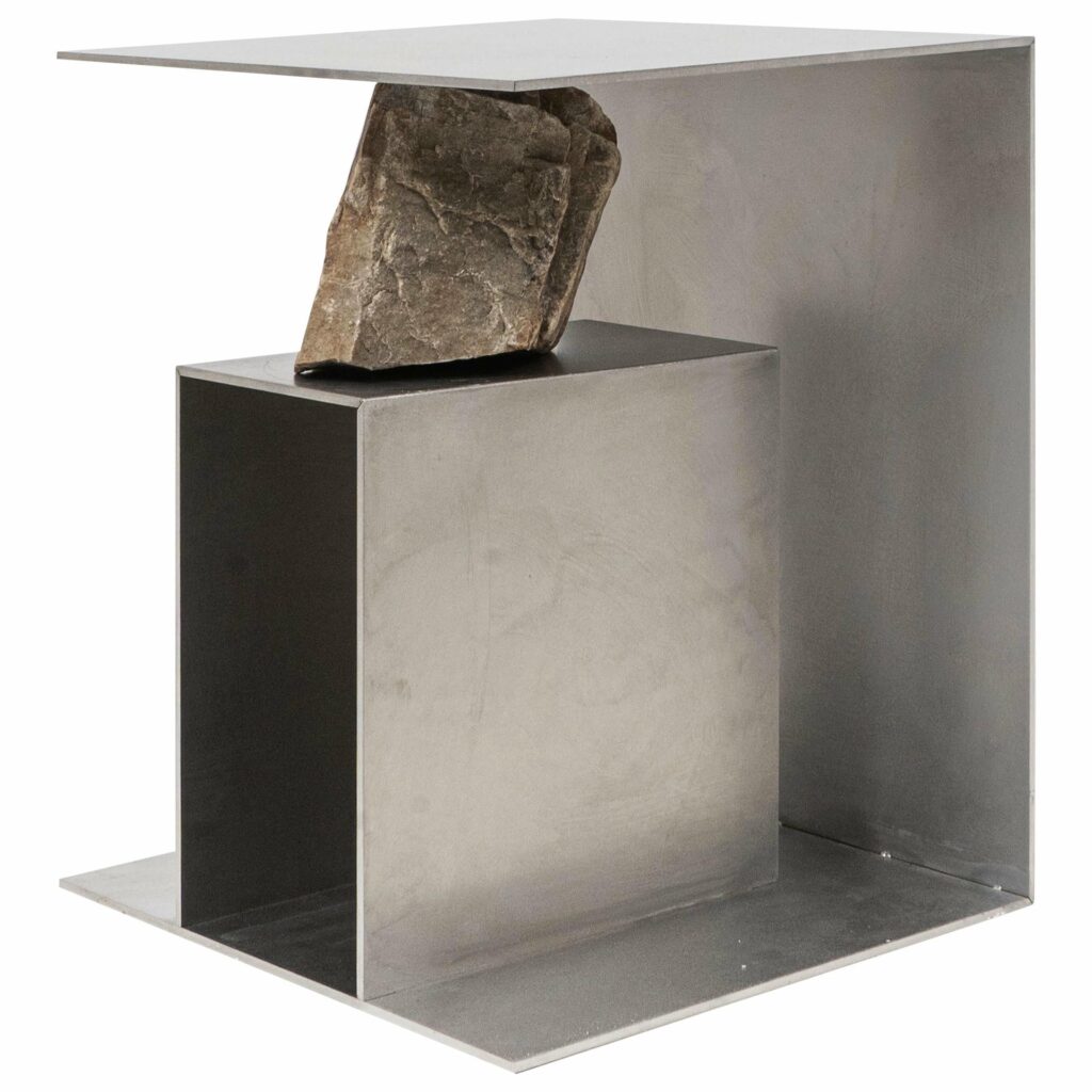 Contemporary Block Form Stainless Steel Stool with Natural Stone by Lee Sisan 1