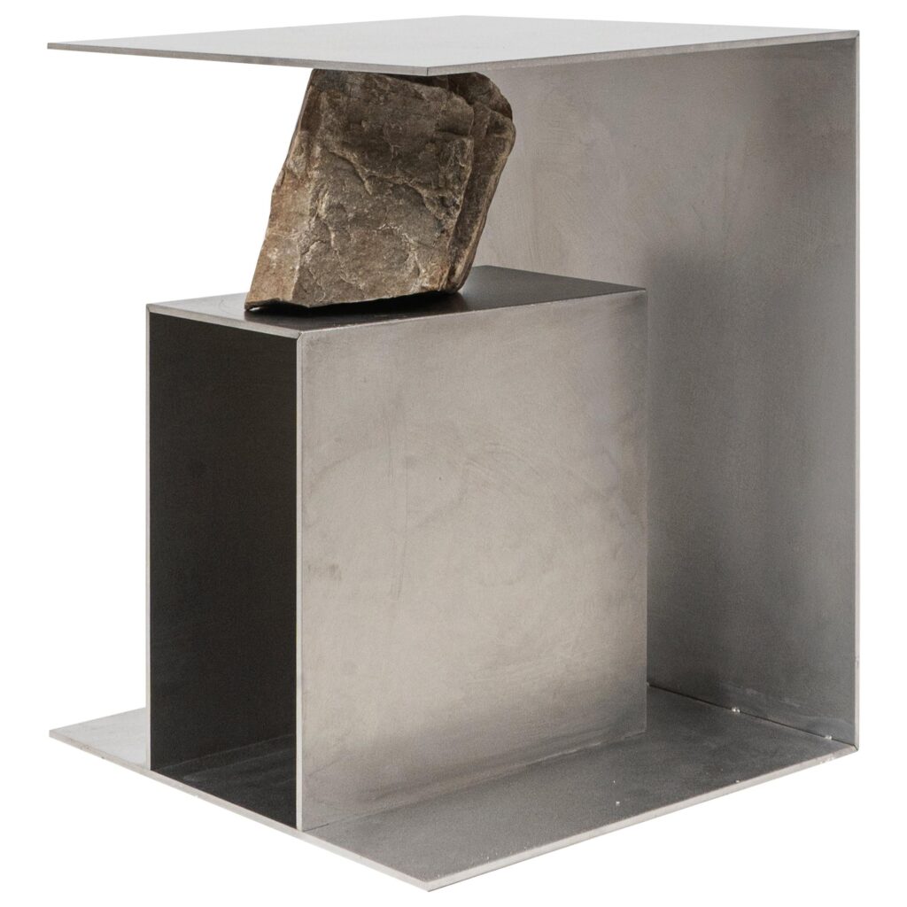 Contemporary Block Form Stainless Steel Stool with Natural Stone by Lee Sisan 1