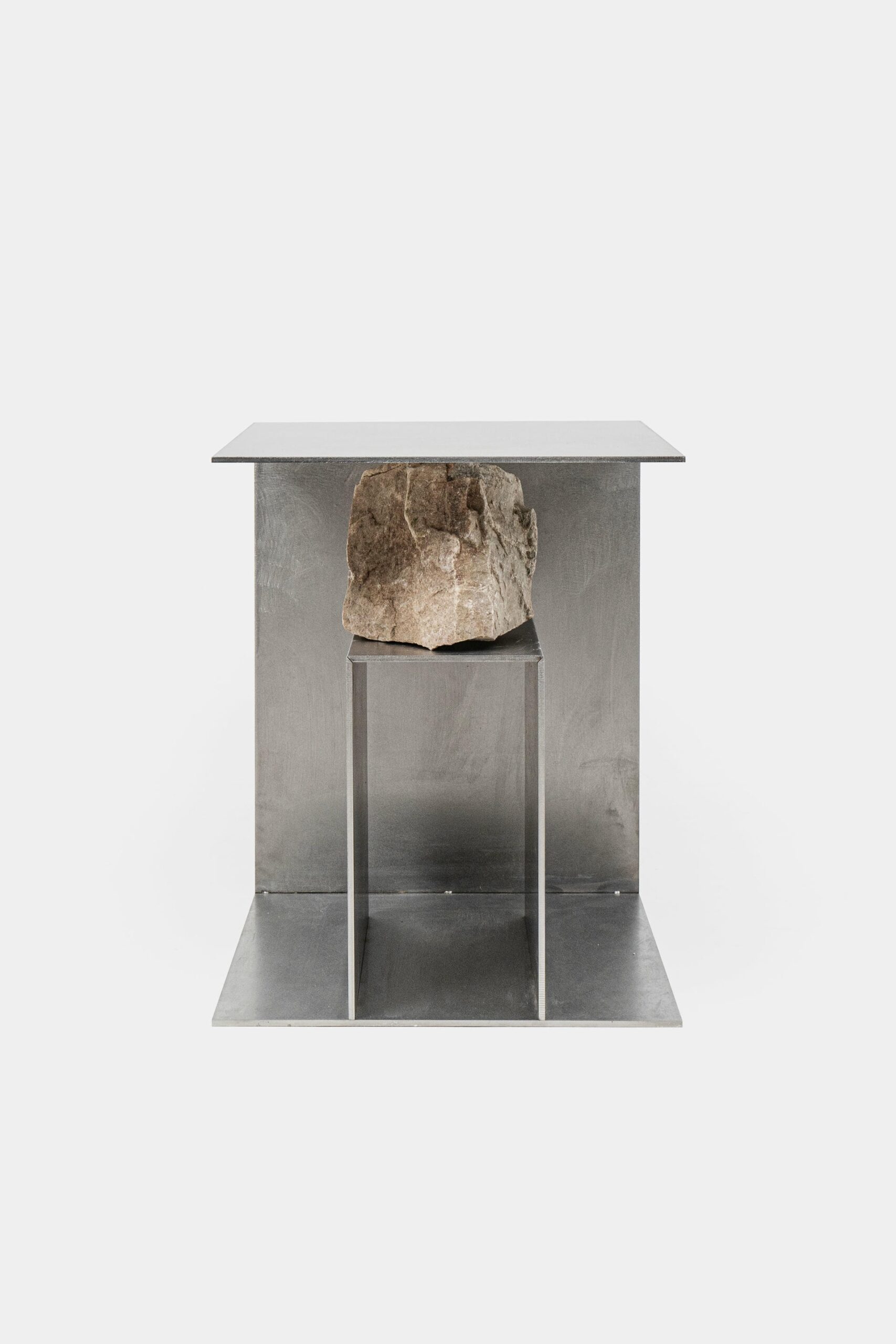 Contemporary Block Form Stainless Steel Stool with Natural Stone by Lee Sisan 2