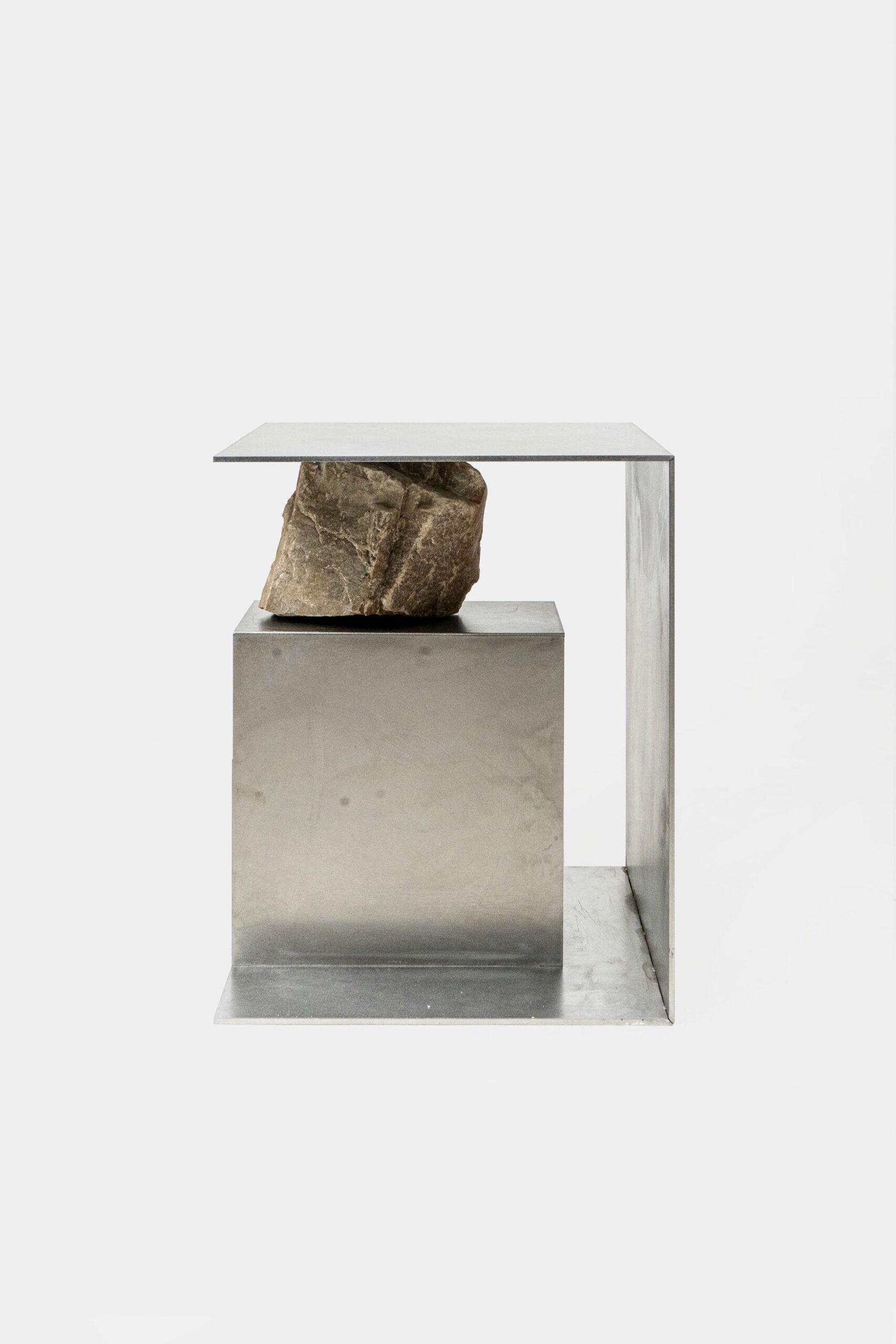 Contemporary Block Form Stainless Steel Stool with Natural Stone by Lee Sisan 3