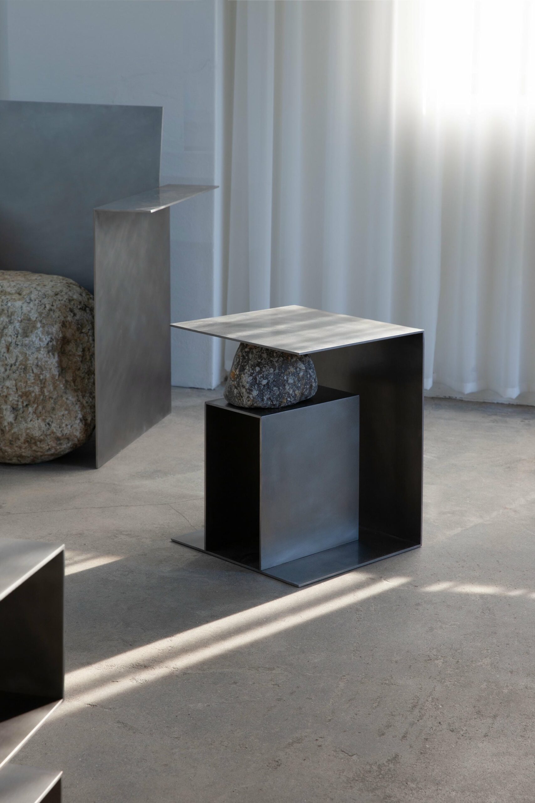 Contemporary Block Form Stainless Steel Stool with Natural Stone by Lee Sisan 9