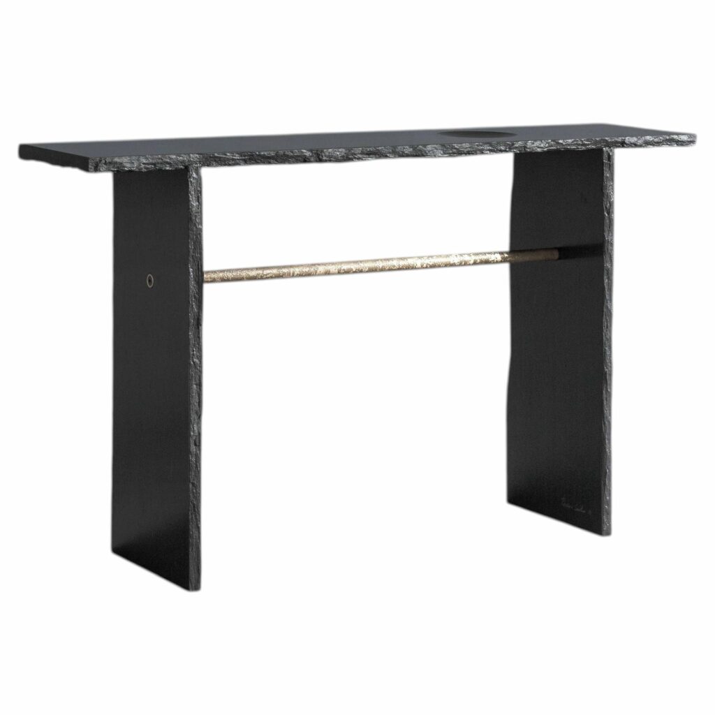 Unique Gold Brass and Rough Black Slate Sculpted Console by Frederic Saulou
