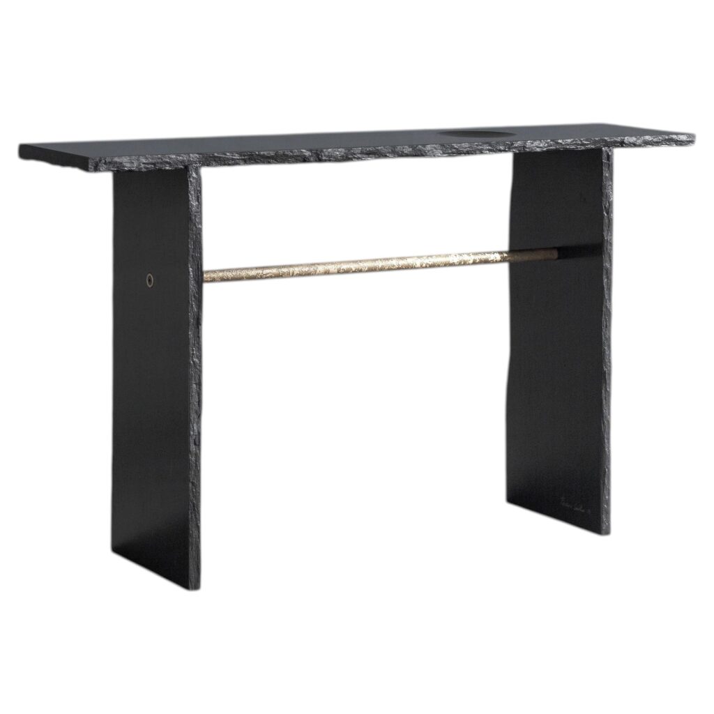 Unique Gold Brass and Rough Black Slate Sculpted Console by Frederic Saulou