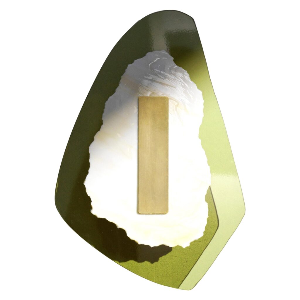 Semi Opaque Green Marbled Glass Brushed Brass Light Sculpture by Marie Jeunet 1