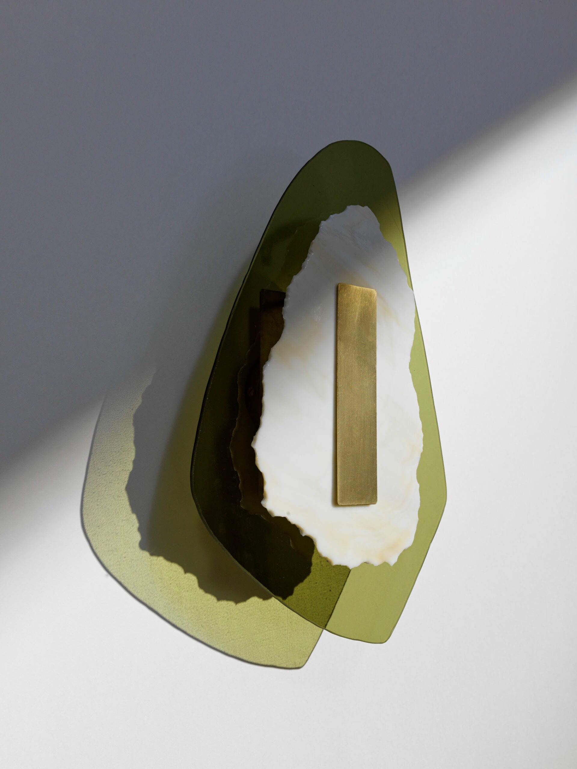 Semi Opaque Green Marbled Glass Brushed Brass Light Sculpture by Marie Jeunet 3