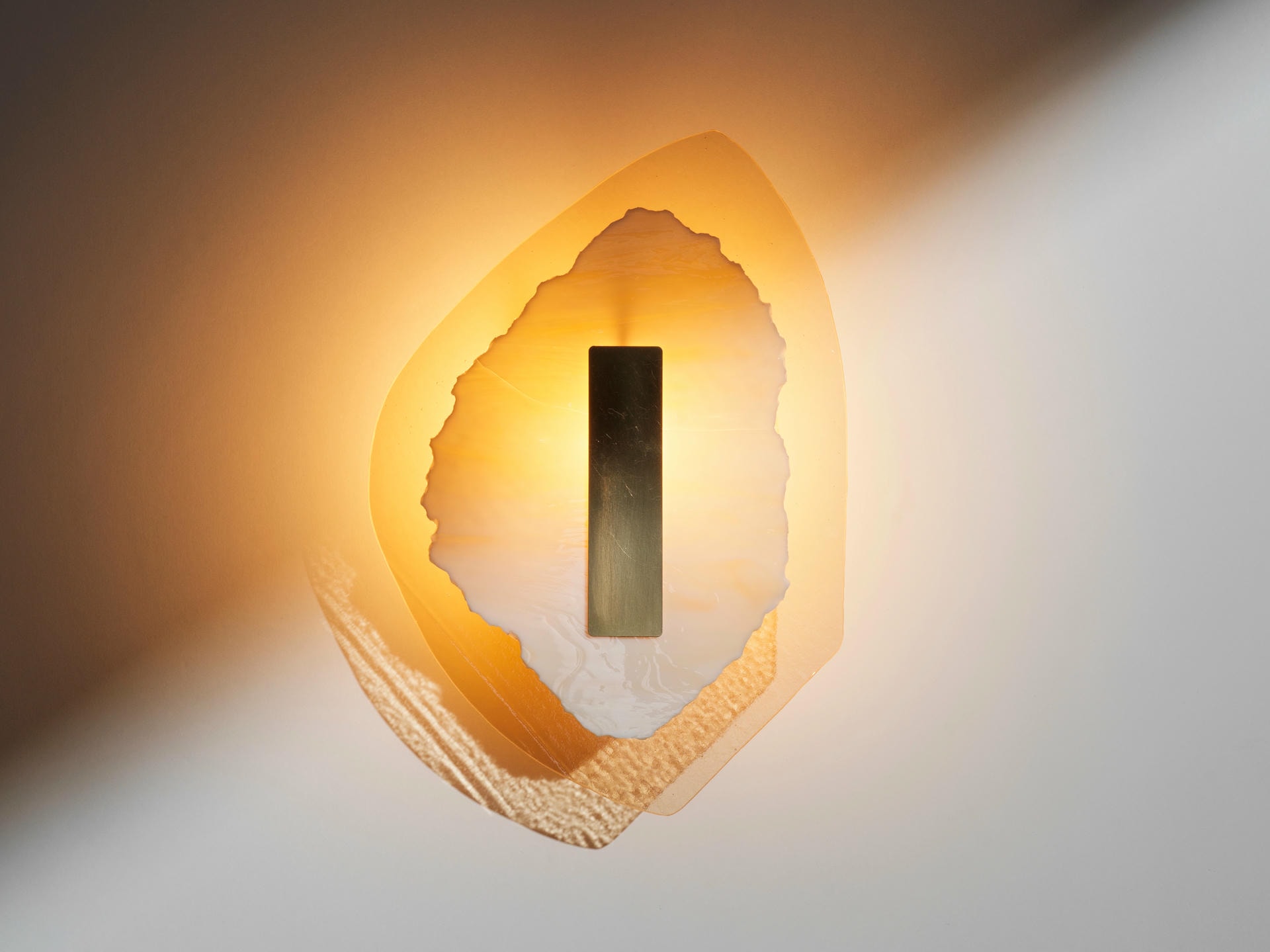 Semi Opaque Green Marbled Glass Brushed Brass Light Sculpture by Marie Jeunet 4