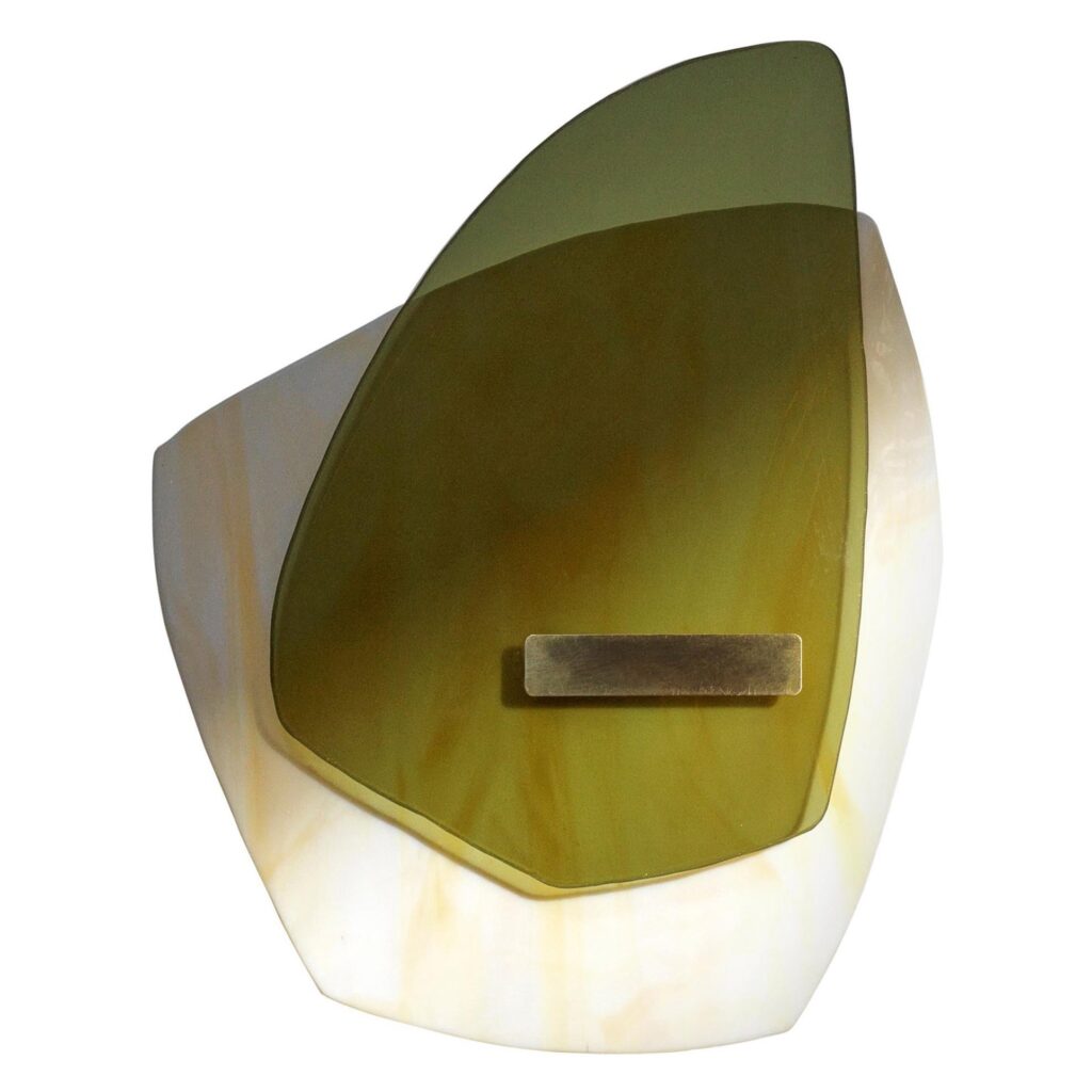 Smooth Olive Green Glass, Brushed Brass Light Sculpture by Marie Jeunet 1