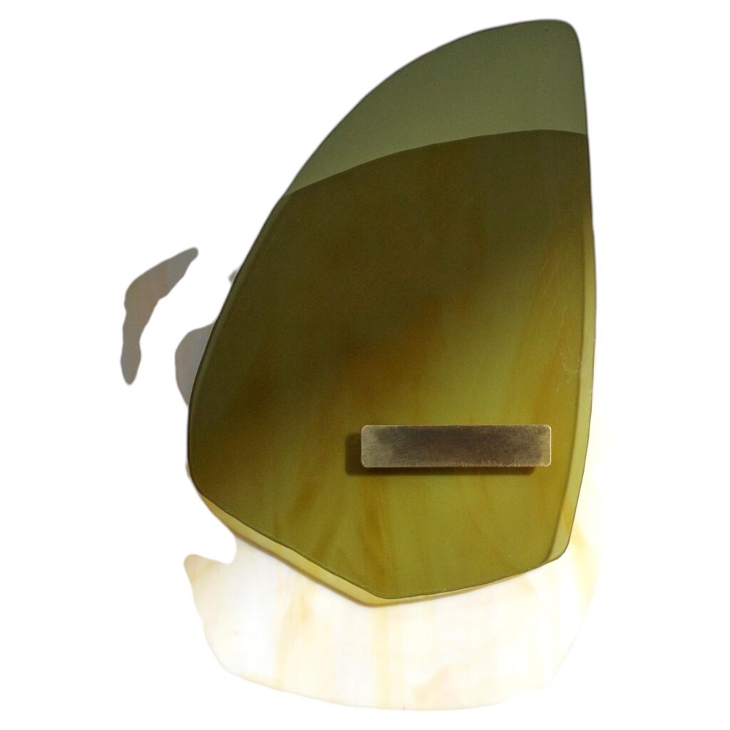 Smooth Olive Green Glass Brushed Brass Light Sculpture by Marie Jeunet 1