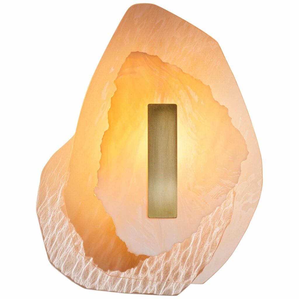 Brown and Semi Opaque Ochre Marbled Glass Brass Light Sculpture by Marie Jeunet 1