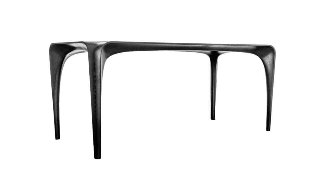 Black Stained Ash Dining Table Spline Hand Carved and Signed by Maxime Goléo 1