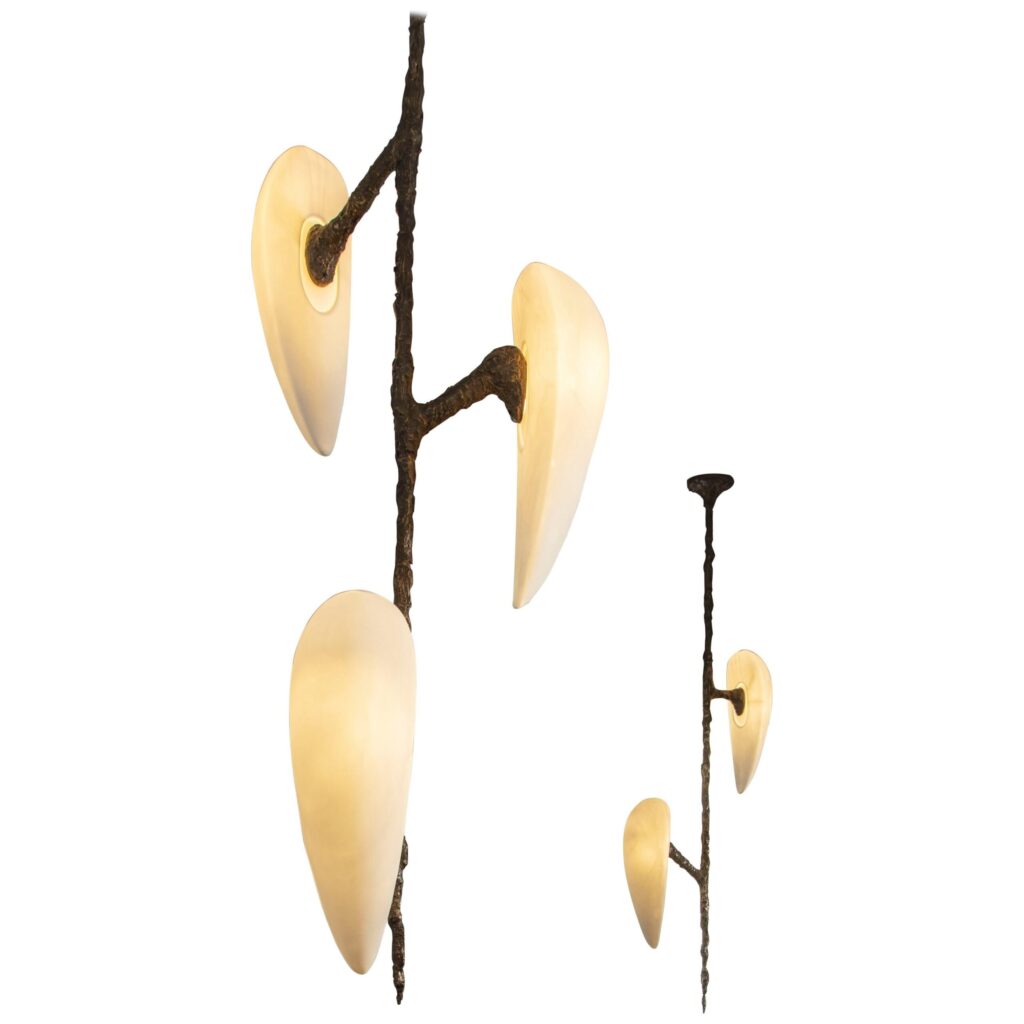 Set of 2 Unique Cast Bronze Chandeliers Hand Sculpted by William Guillon 1