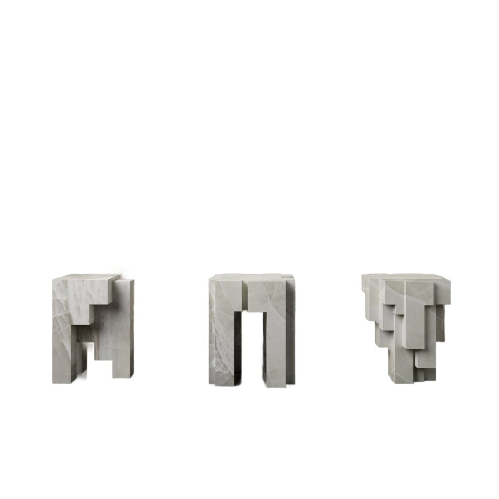 Ensemble of 3 Geometric White Onyx Sculpted Stools by Pietro Franceschini 1