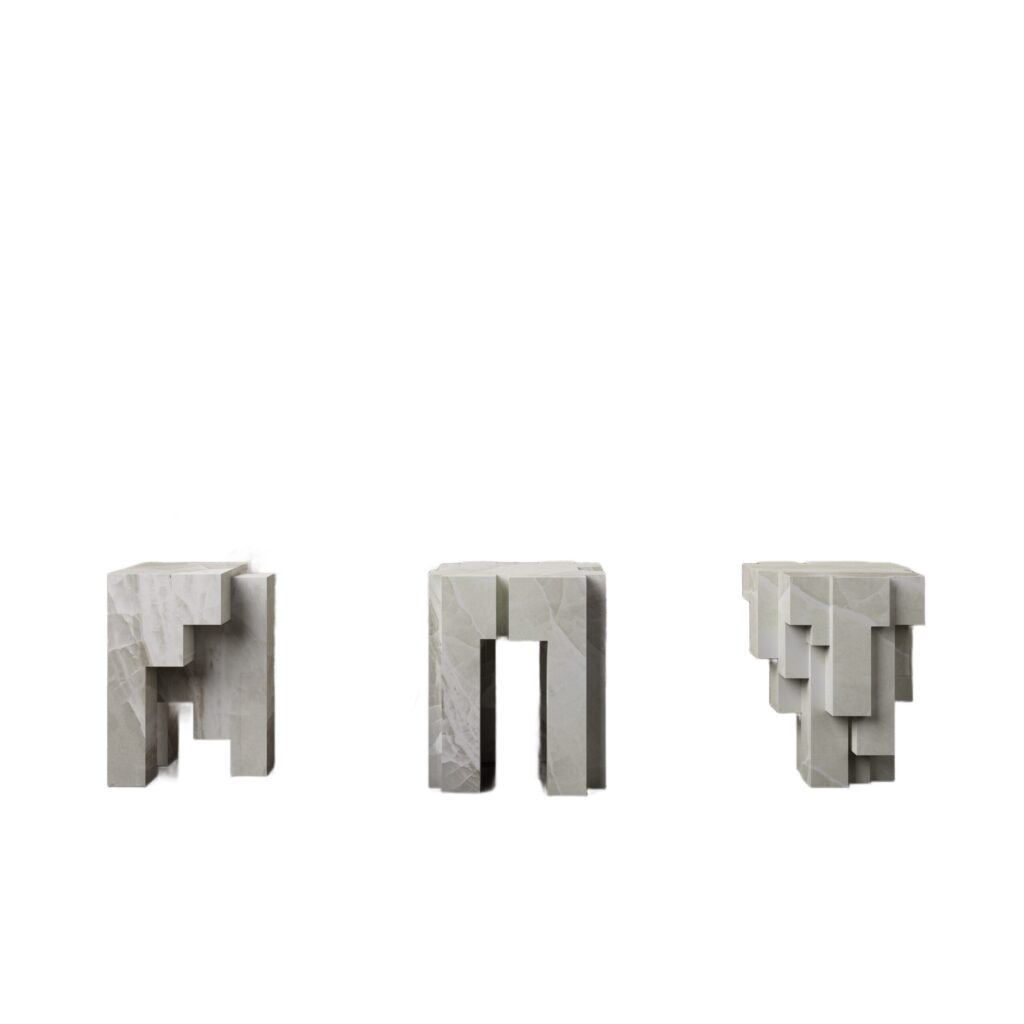 Ensemble of 3 Geometric White Onyx Sculpted Stools by Pietro Franceschini 1