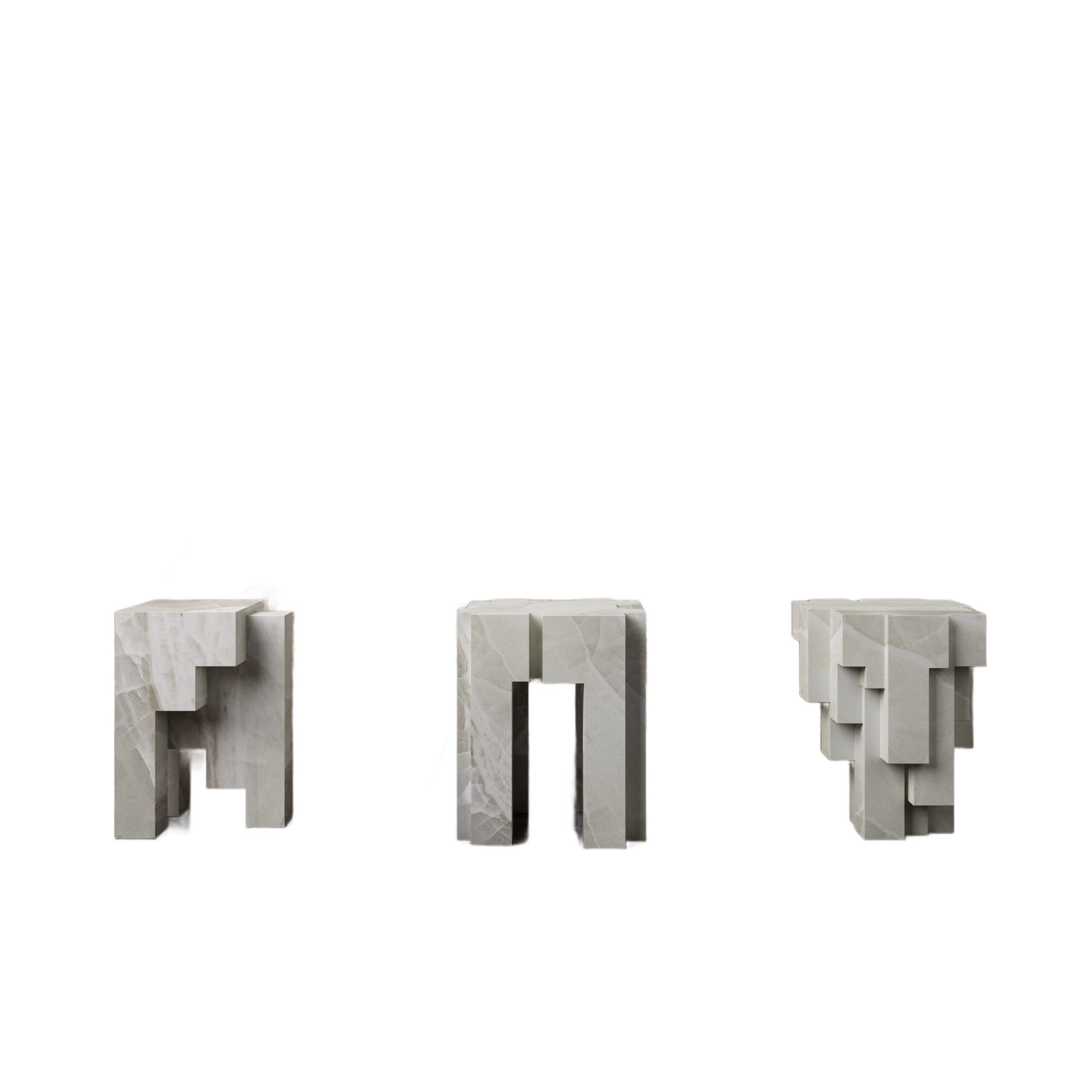 Ensemble of 3 Geometric White Onyx Sculpted Stools by Pietro Franceschini 1