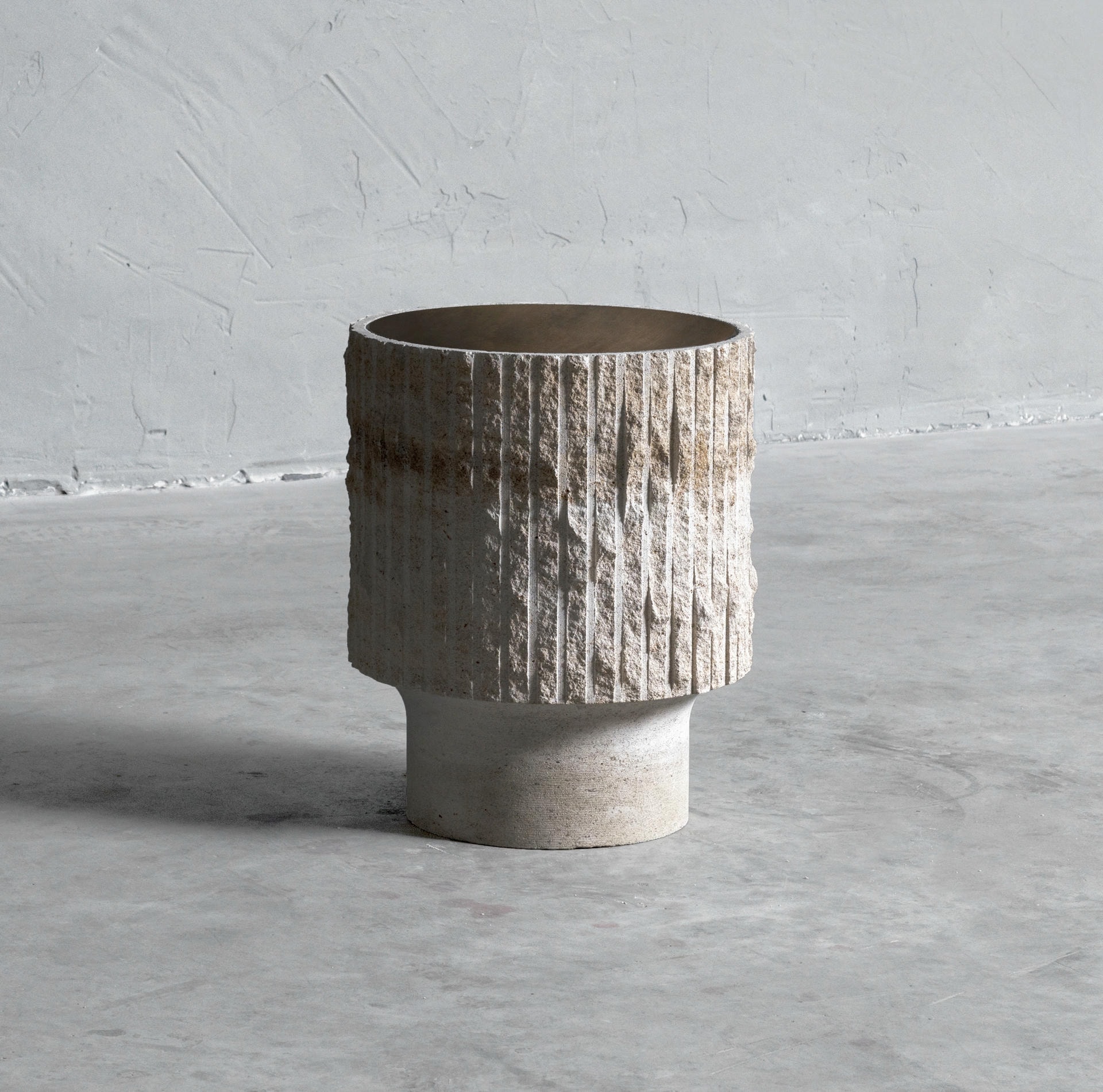 White Limestone and Patinated Brass Sculpted Coffee Table 35 by Frederic Saulou 2