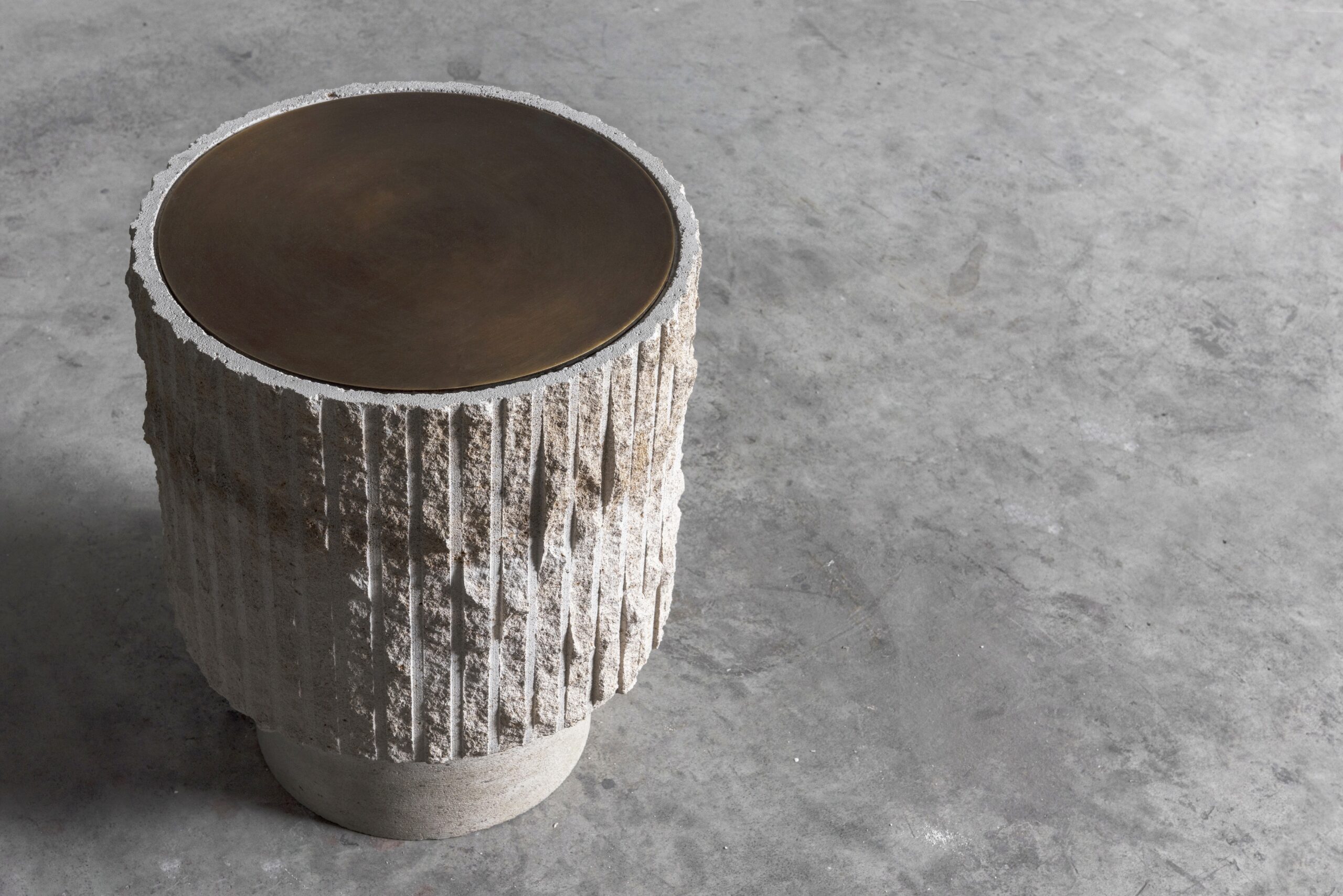 White Limestone and Patinated Brass Sculpted Coffee Table 35 by Frederic Saulou 5