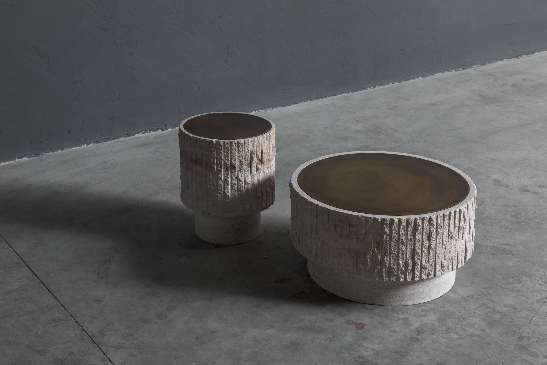 White Limestone and Patinated Brass Sculpted Coffee Table 35 by Frederic Saulou 7