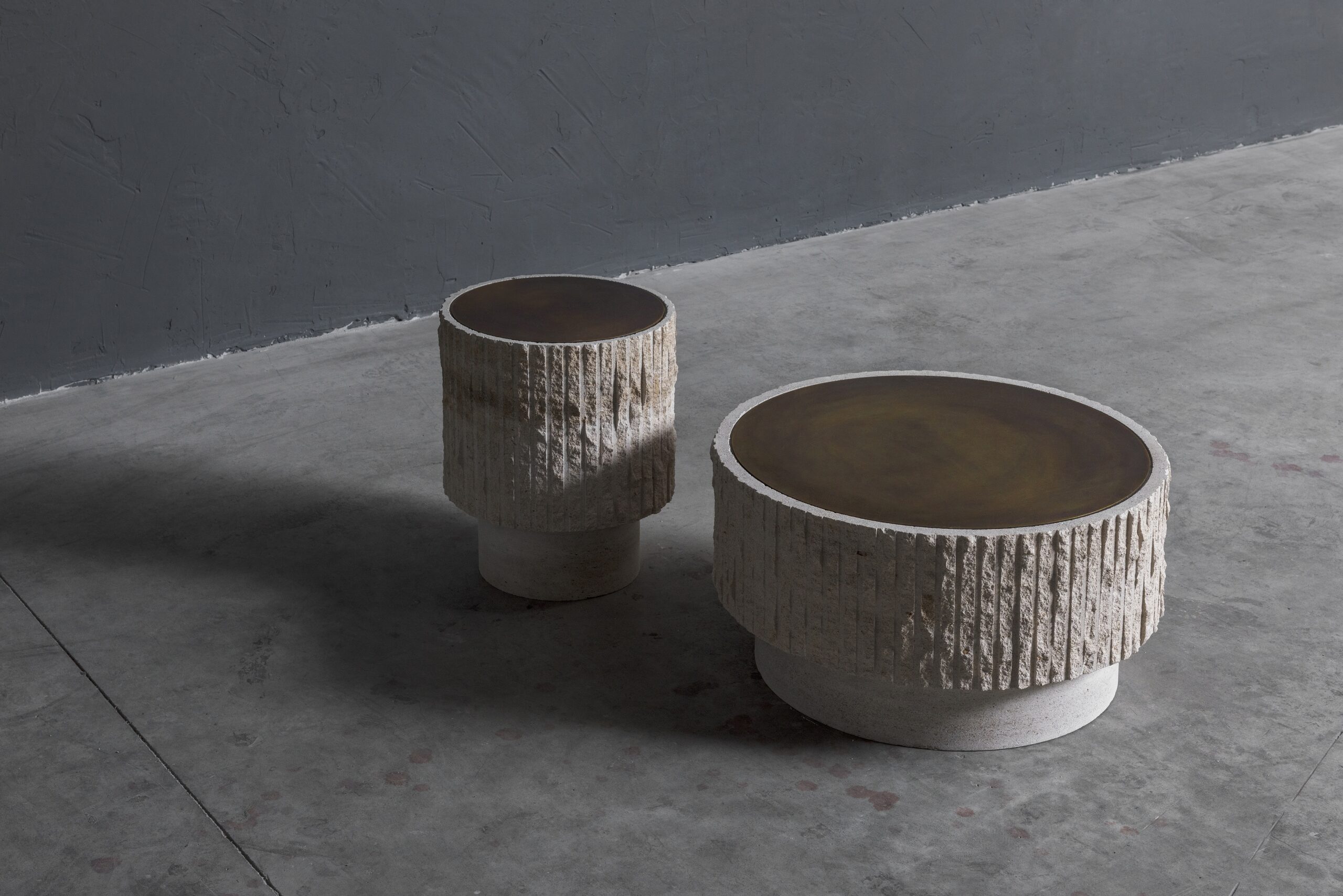 White Limestone and Patinated Brass Sculpted Coffee Table 35 by Frederic Saulou 7