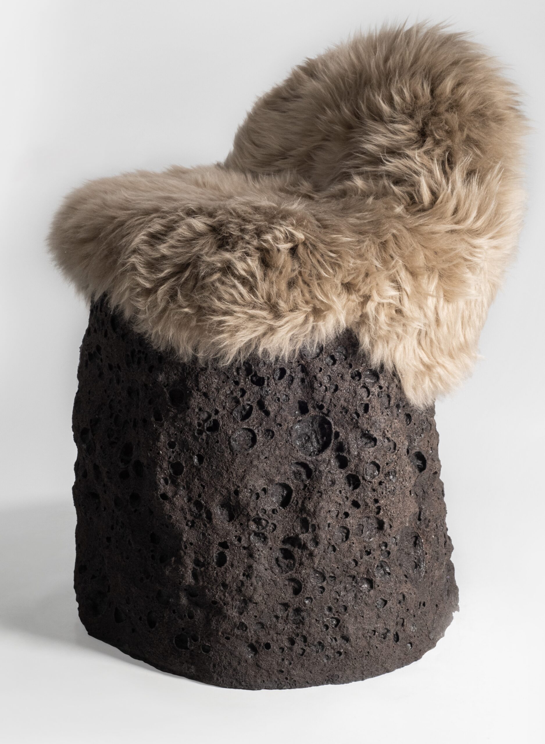 Dark Grey Ceramic Sculpture With Organic Sheep Wool Cushion by Niclas Wolf 2