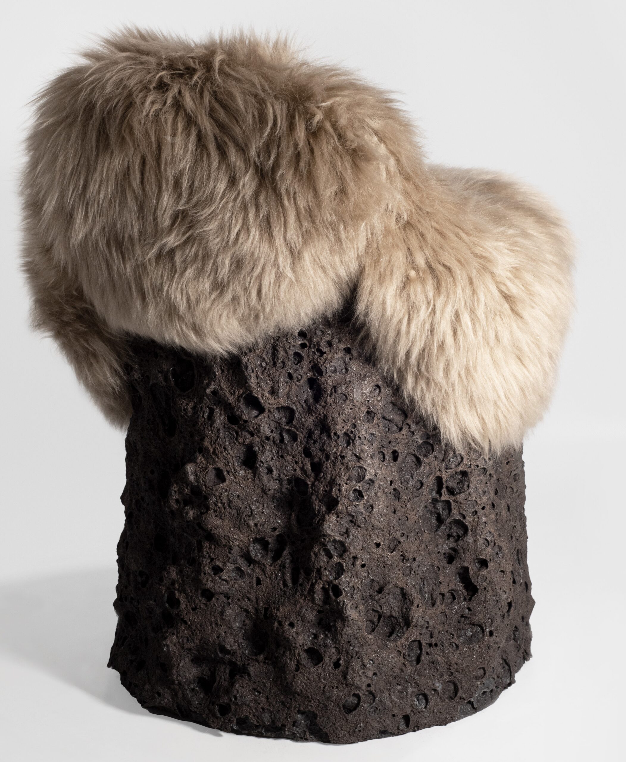 Dark Grey Ceramic Sculpture With Organic Sheep Wool Cushion by Niclas Wolf 3