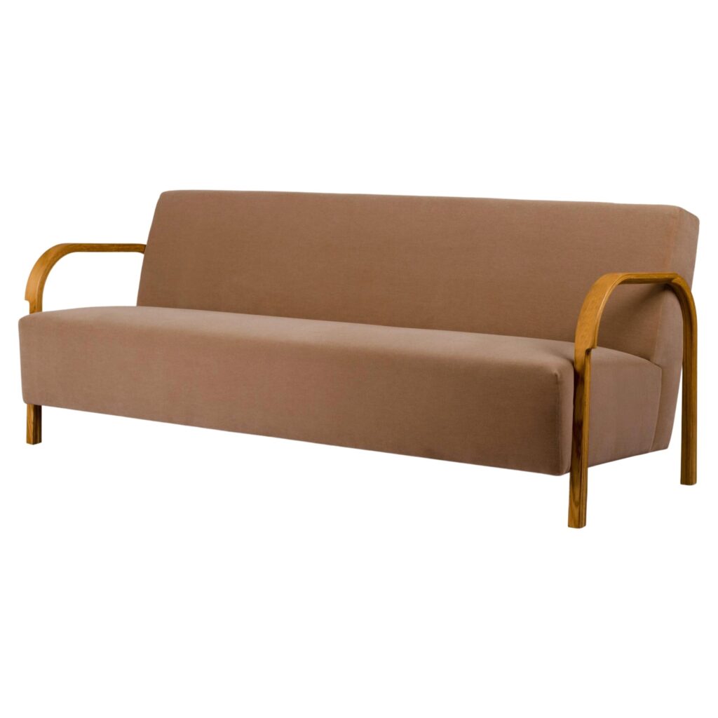 Brown ARCH 3 Seater Sofa in Oak and DAWMcnutt Upholstery by Mazo Design 1