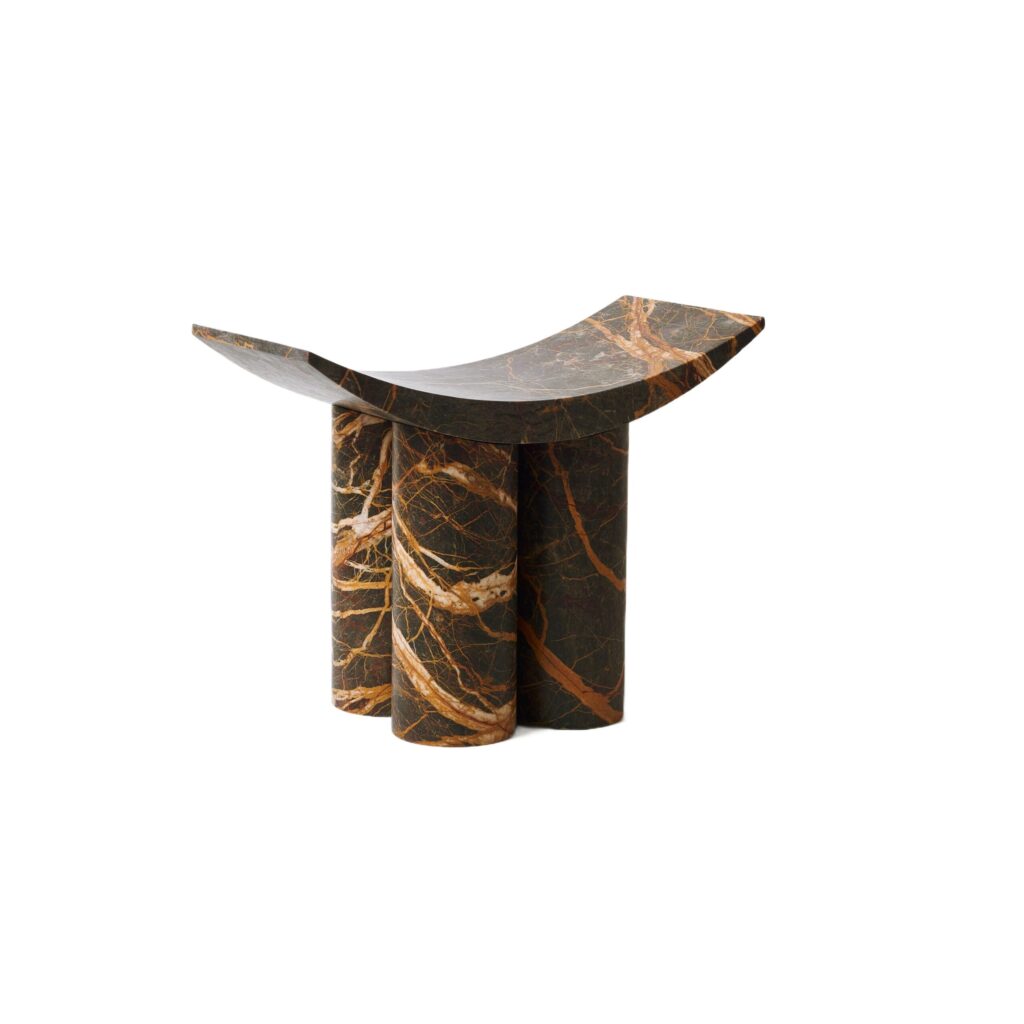 Curved Seat Three Cylindrical Legs Brown Marble Stool by Pietro Franceschini 1