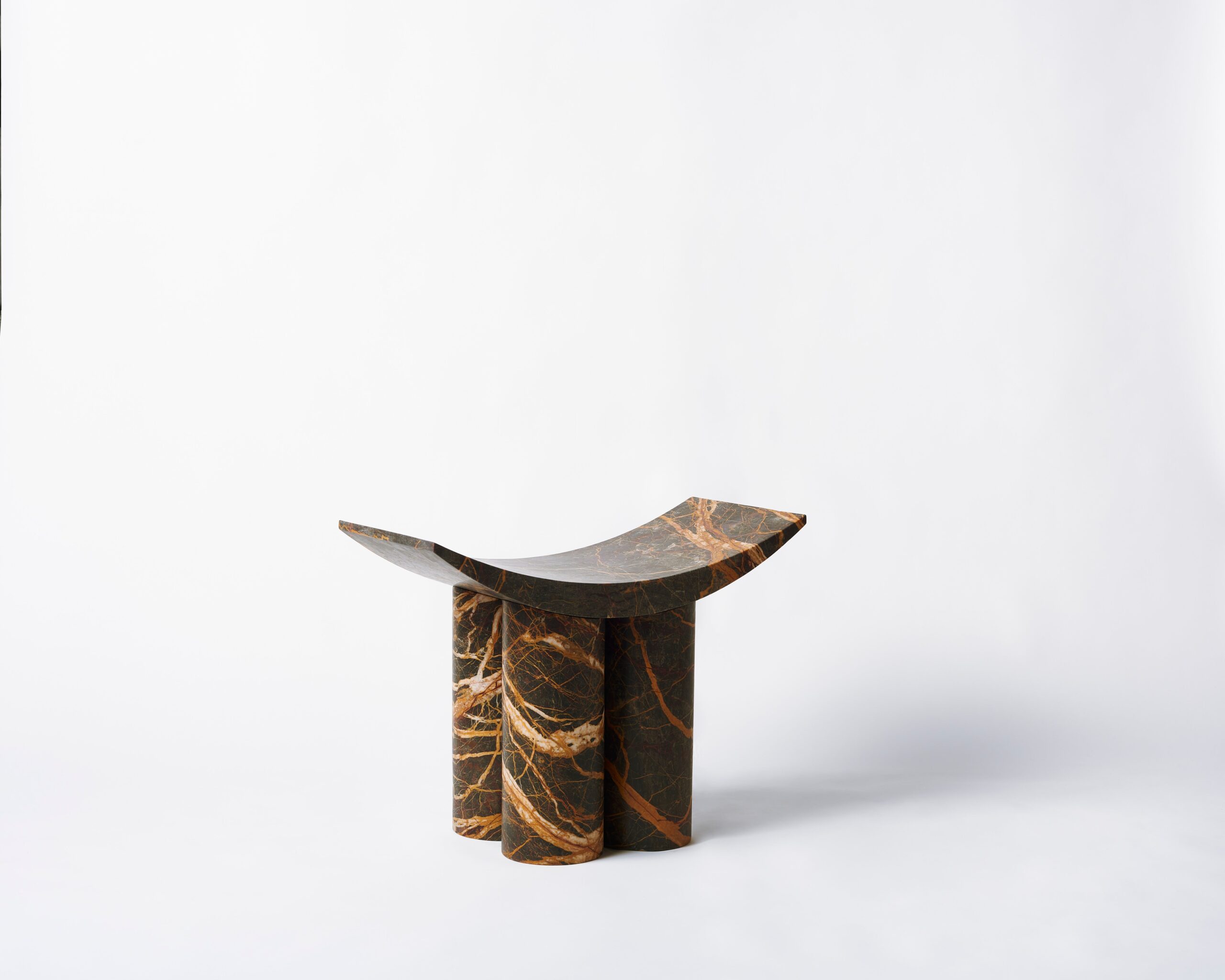 Curved Seat Three Cylindrical Legs Brown Marble Stool by Pietro Franceschini 2