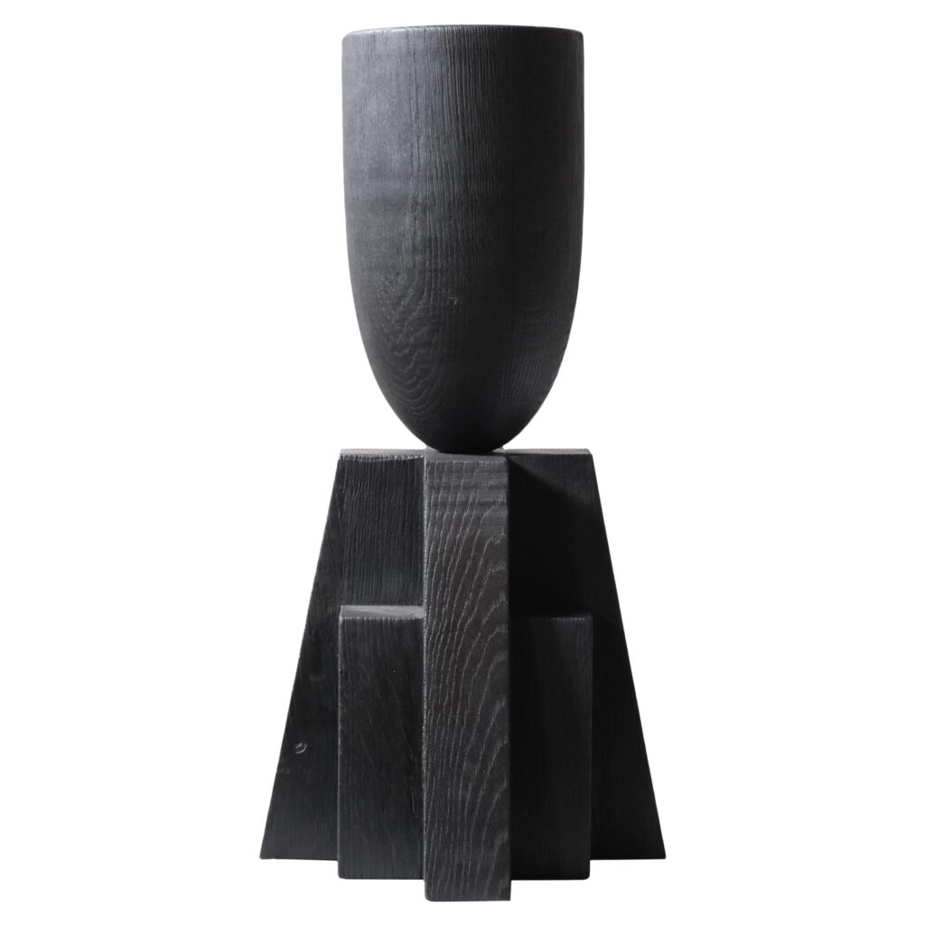 Contemporary Burnt Iroko Wood Goblet Vase with Geometric Base by Arno Declercq 1