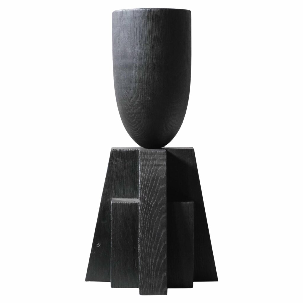 Contemporary Burnt Iroko Wood Goblet Vase with Geometric Base by Arno Declercq 1