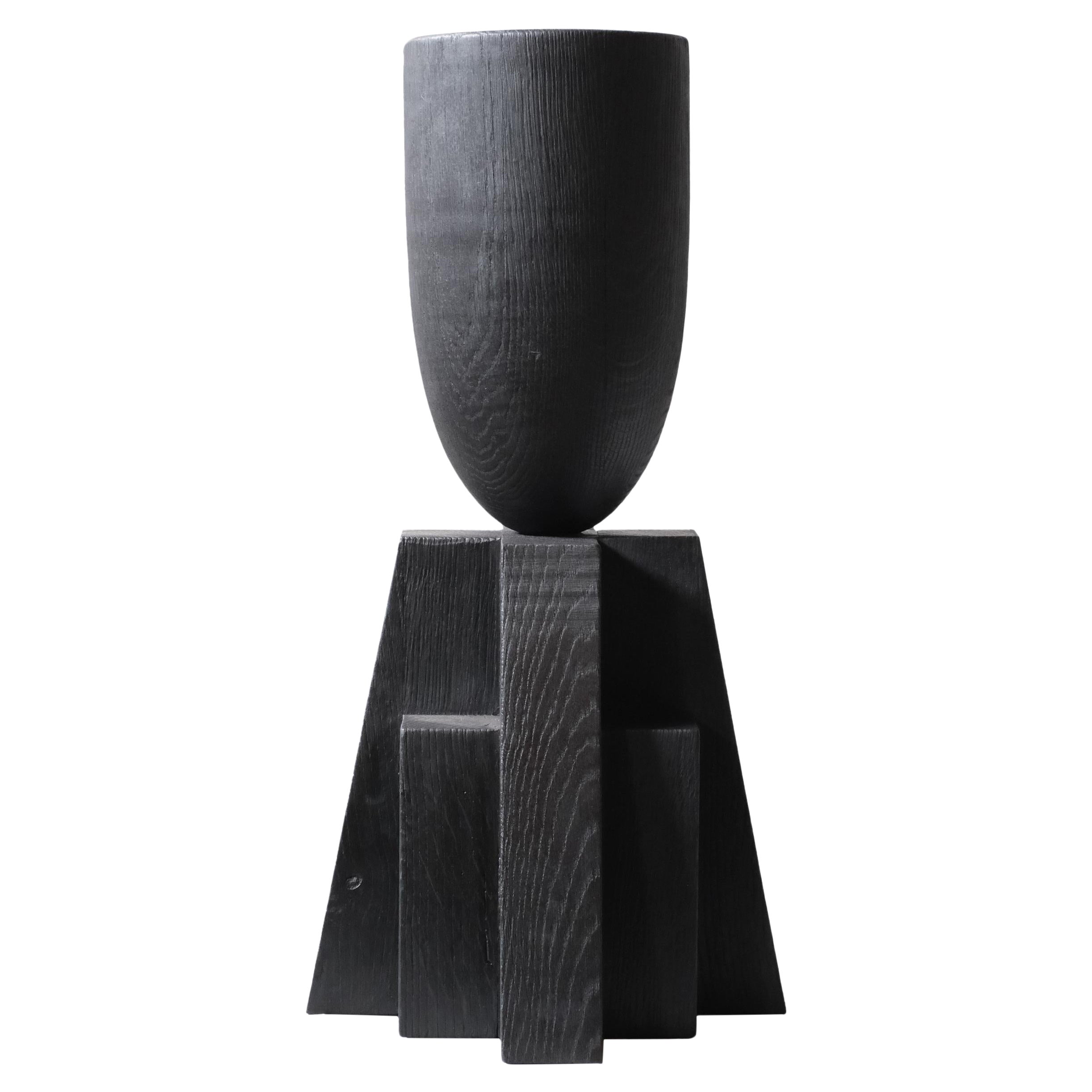 Contemporary Burnt Iroko Wood Goblet Vase with Geometric Base by Arno Declercq 1