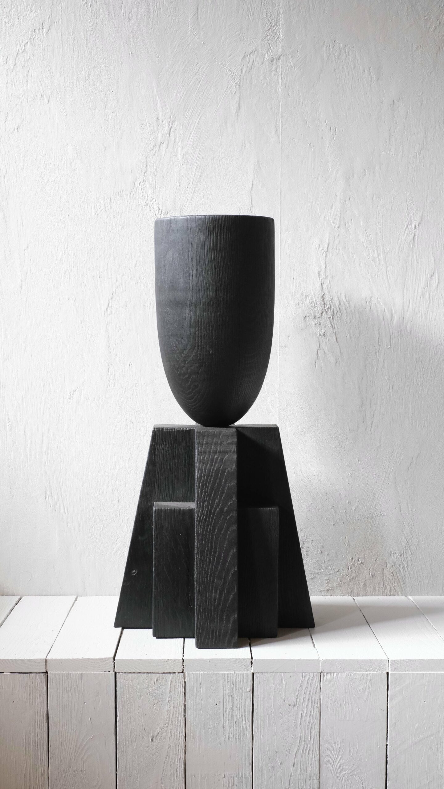 Contemporary Burnt Iroko Wood Goblet Vase with Geometric Base by Arno Declercq 2