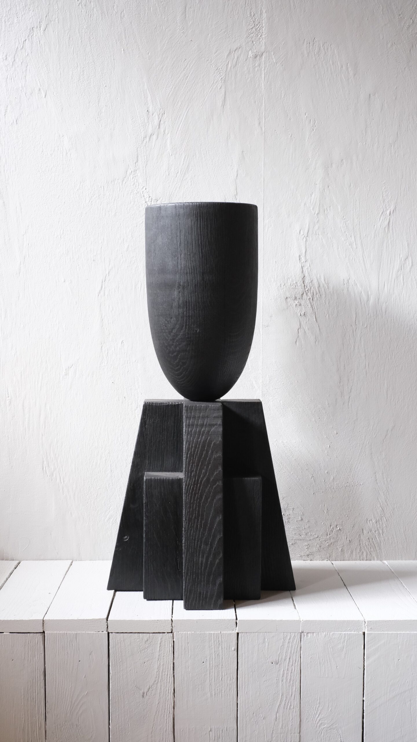 Contemporary Burnt Iroko Wood Goblet Vase with Geometric Base by Arno Declercq 2