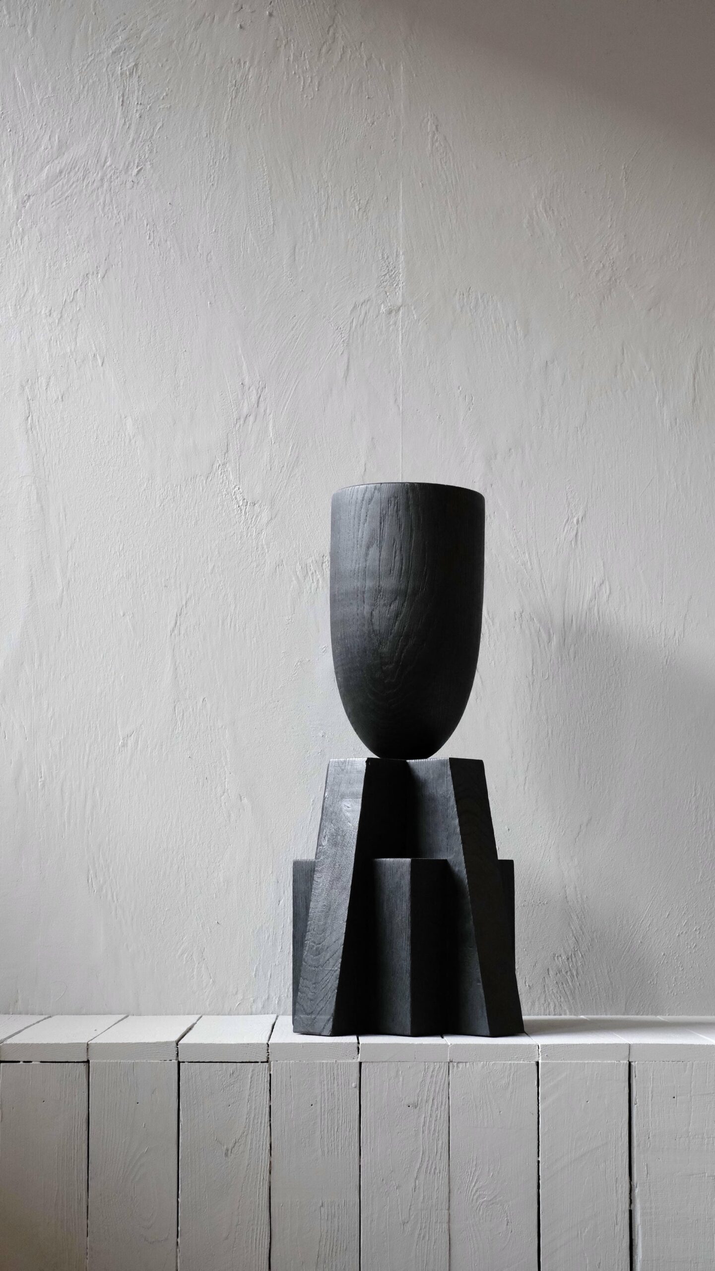 Contemporary Burnt Iroko Wood Goblet Vase with Geometric Base by Arno Declercq 3