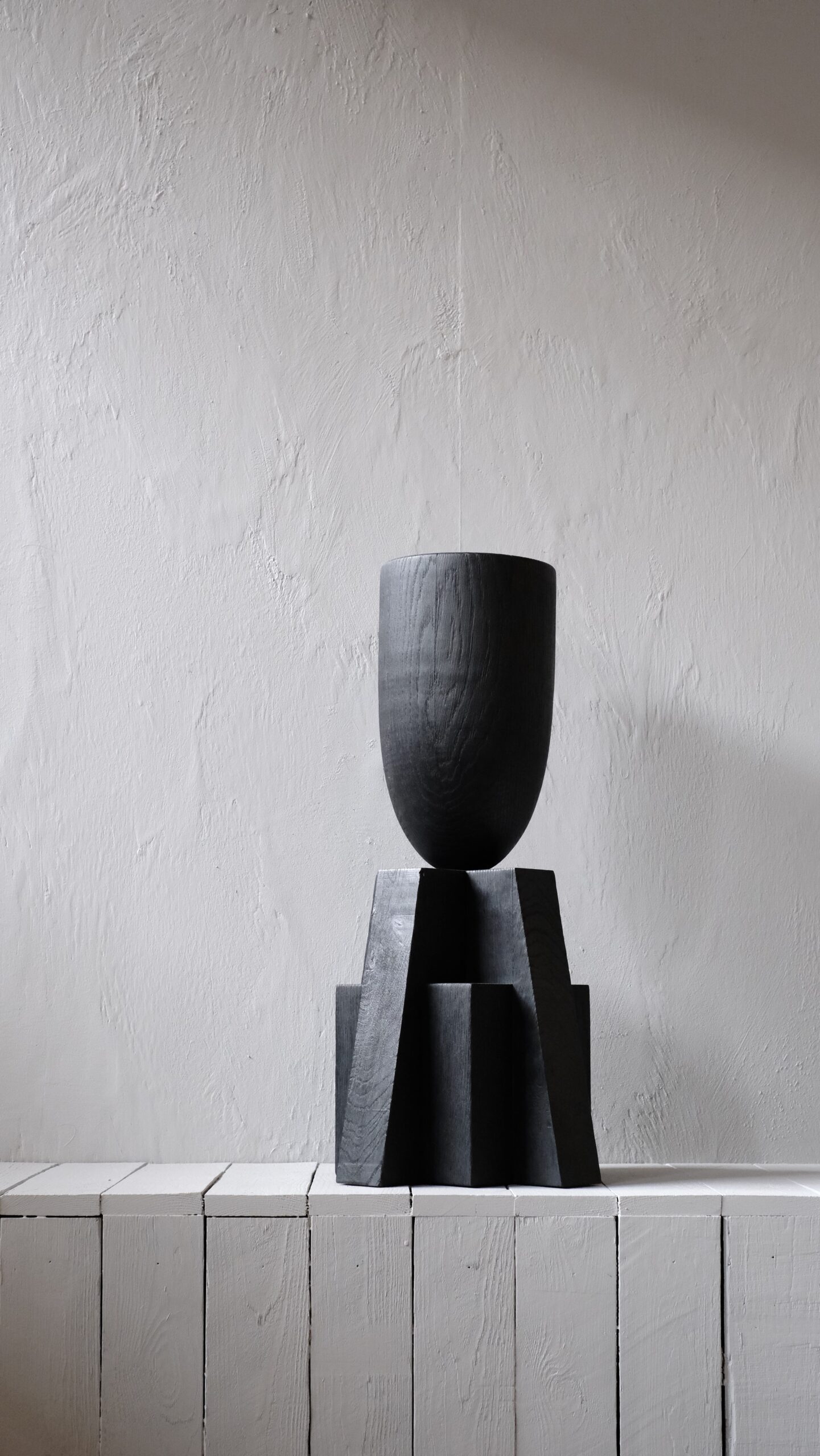 Contemporary Burnt Iroko Wood Goblet Vase with Geometric Base by Arno Declercq 3