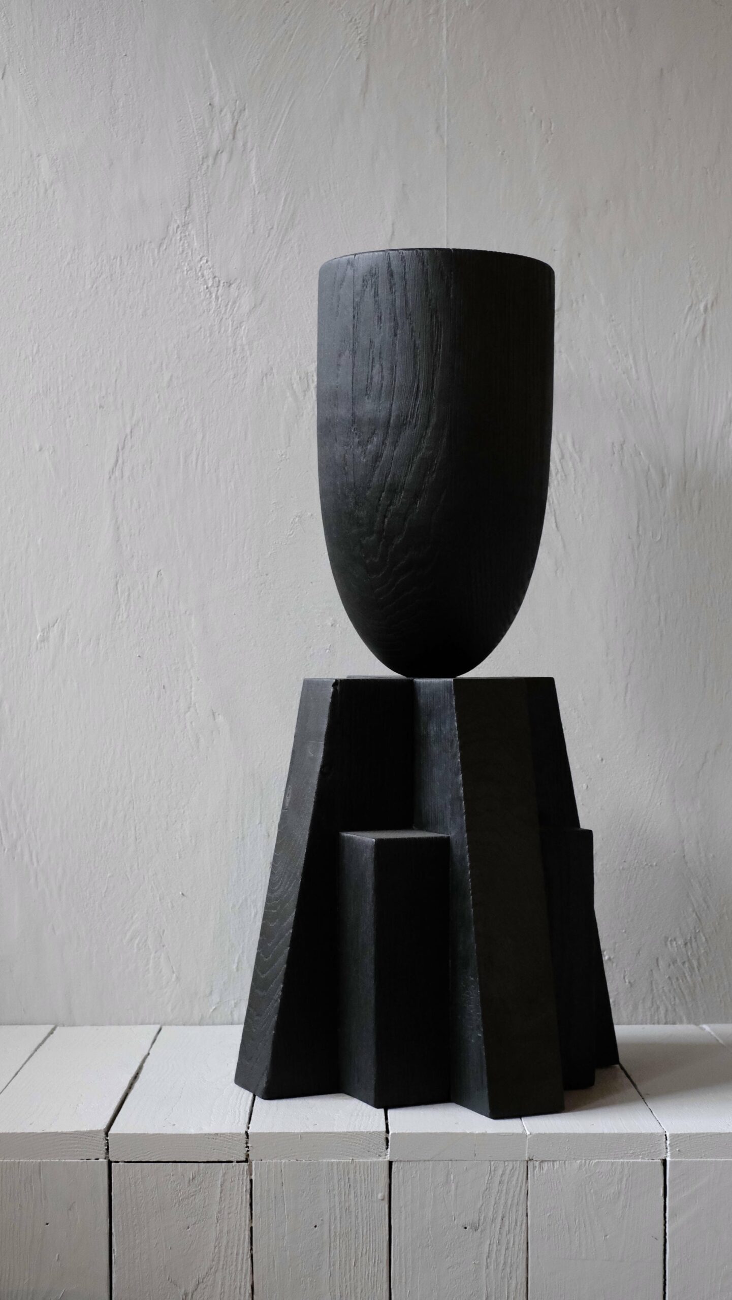 Contemporary Burnt Iroko Wood Goblet Vase with Geometric Base by Arno Declercq 4