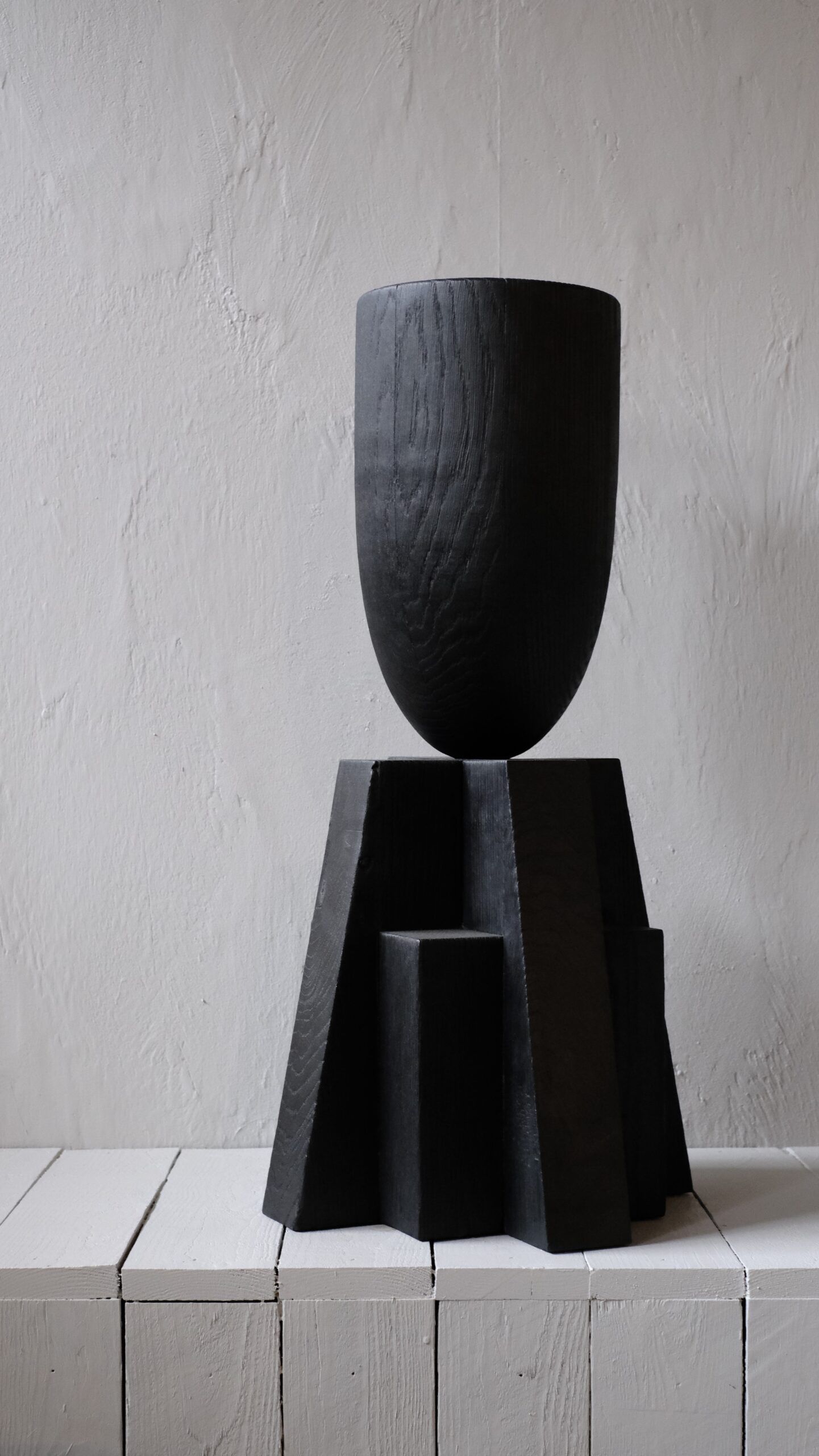 Contemporary Burnt Iroko Wood Goblet Vase with Geometric Base by Arno Declercq 4