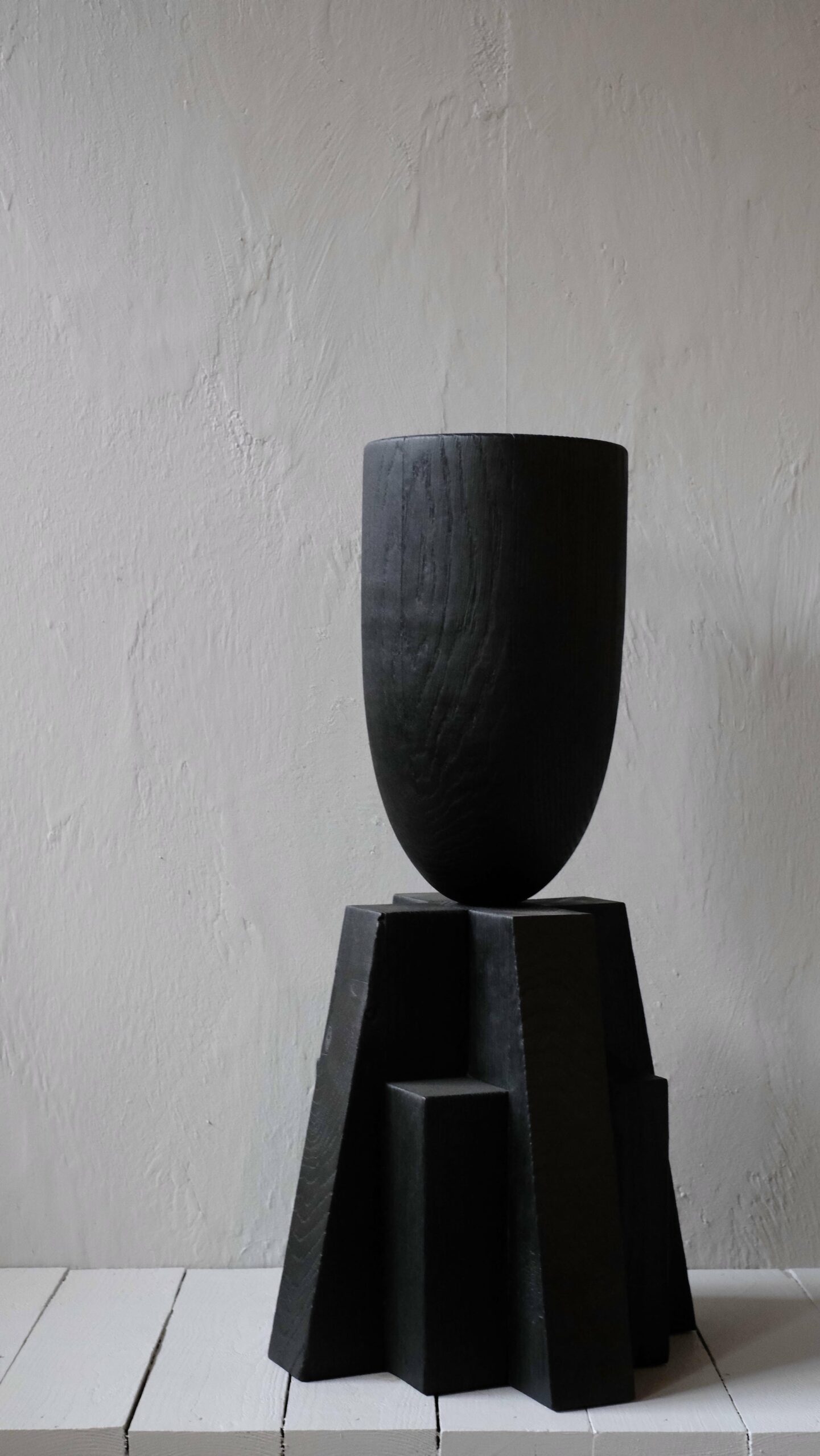 Contemporary Burnt Iroko Wood Goblet Vase with Geometric Base by Arno Declercq 5