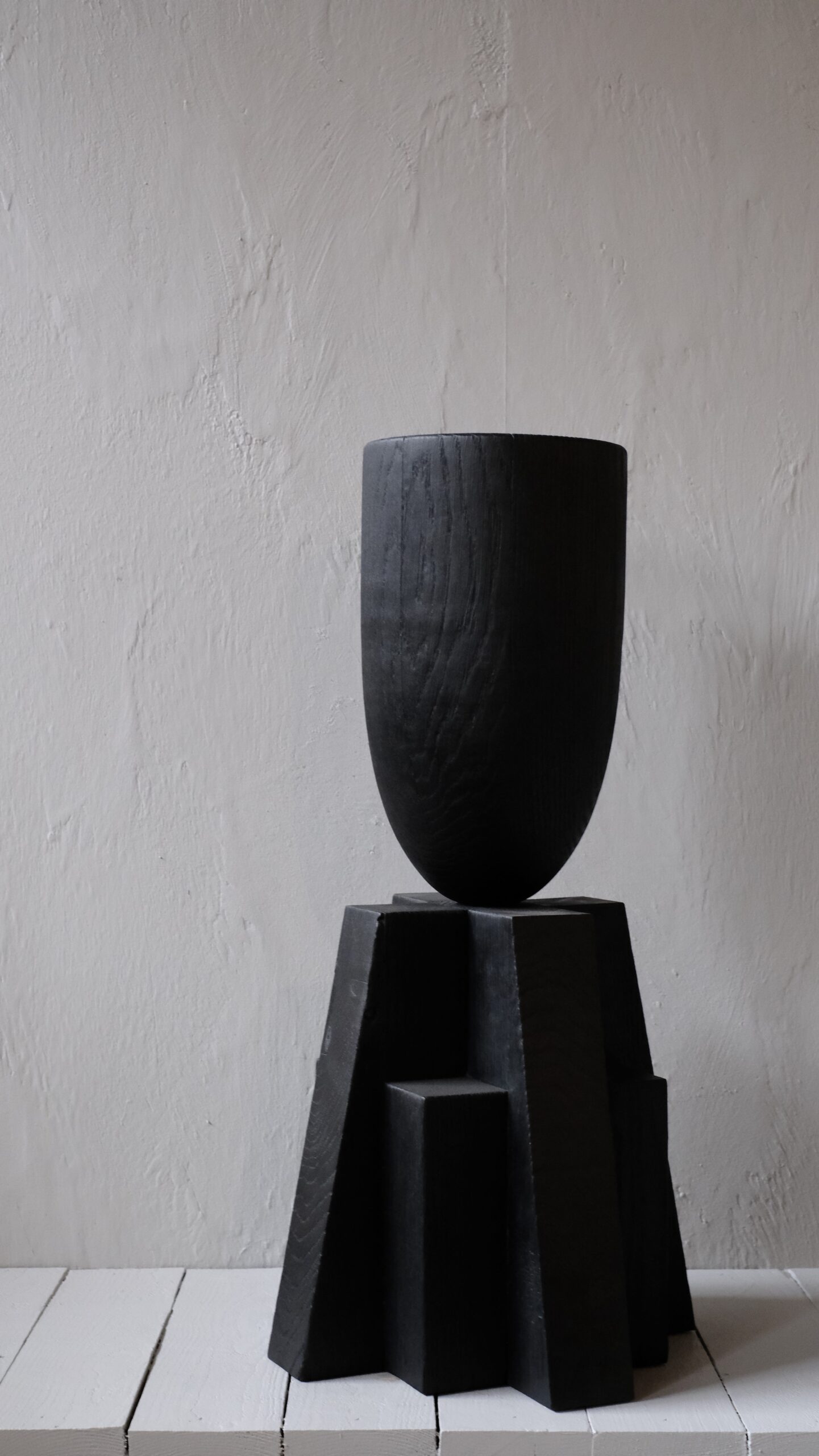 Contemporary Burnt Iroko Wood Goblet Vase with Geometric Base by Arno Declercq 5