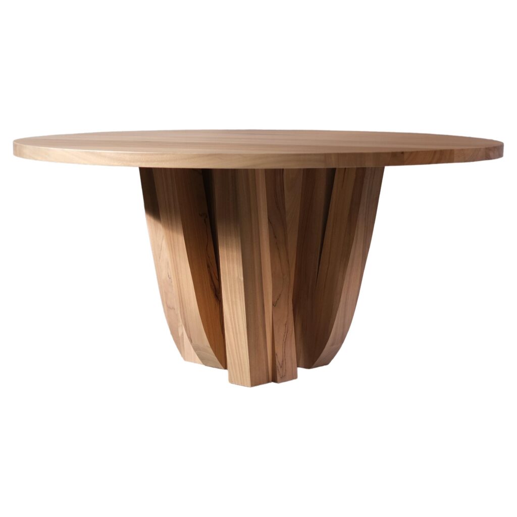 Natural African Walnut Round Table with Rectangular Beam Base by Arno Declercq 1