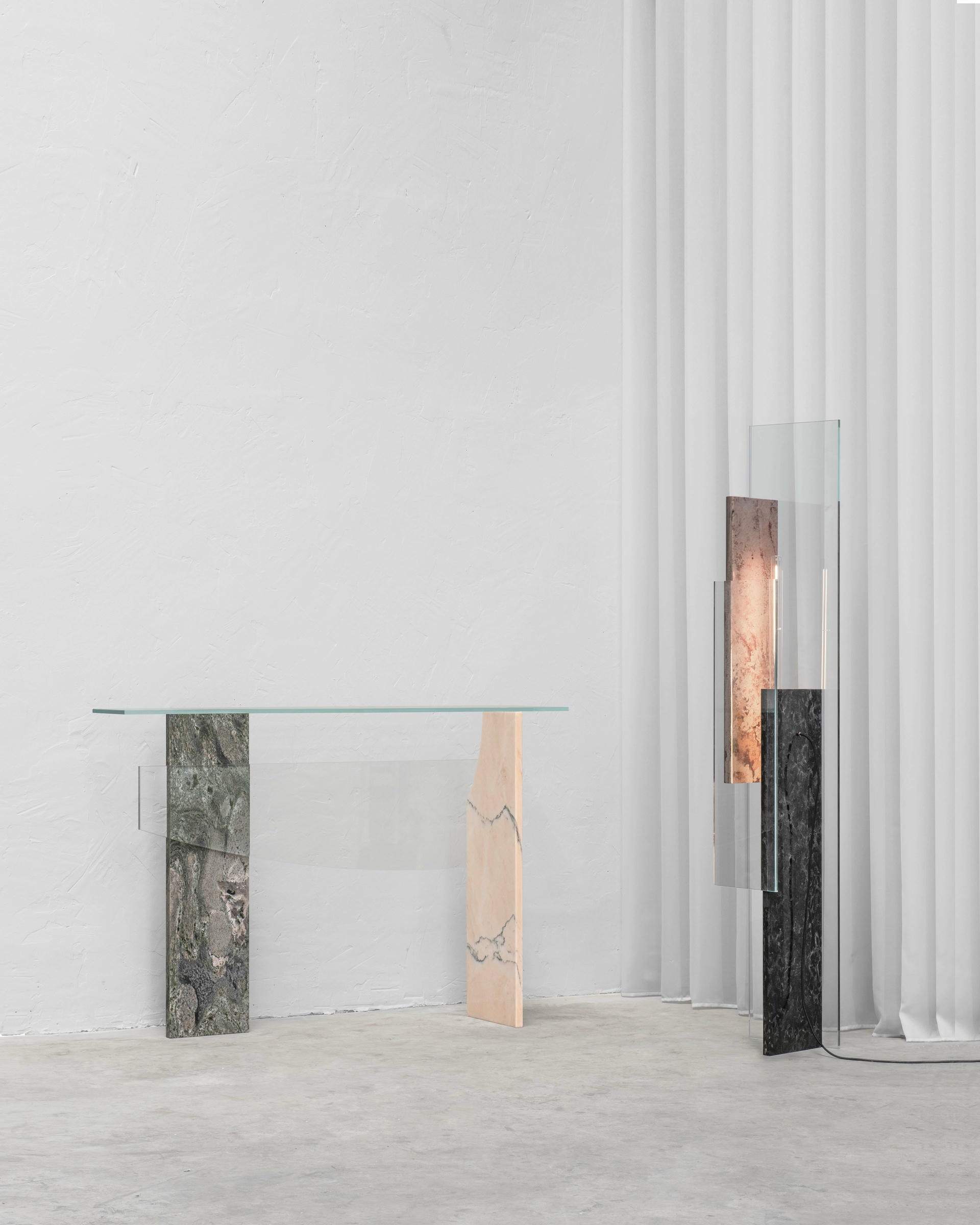 Overlapping Rectangular Green and Pink Marble Floor Lamp by Frederic Saulou 4