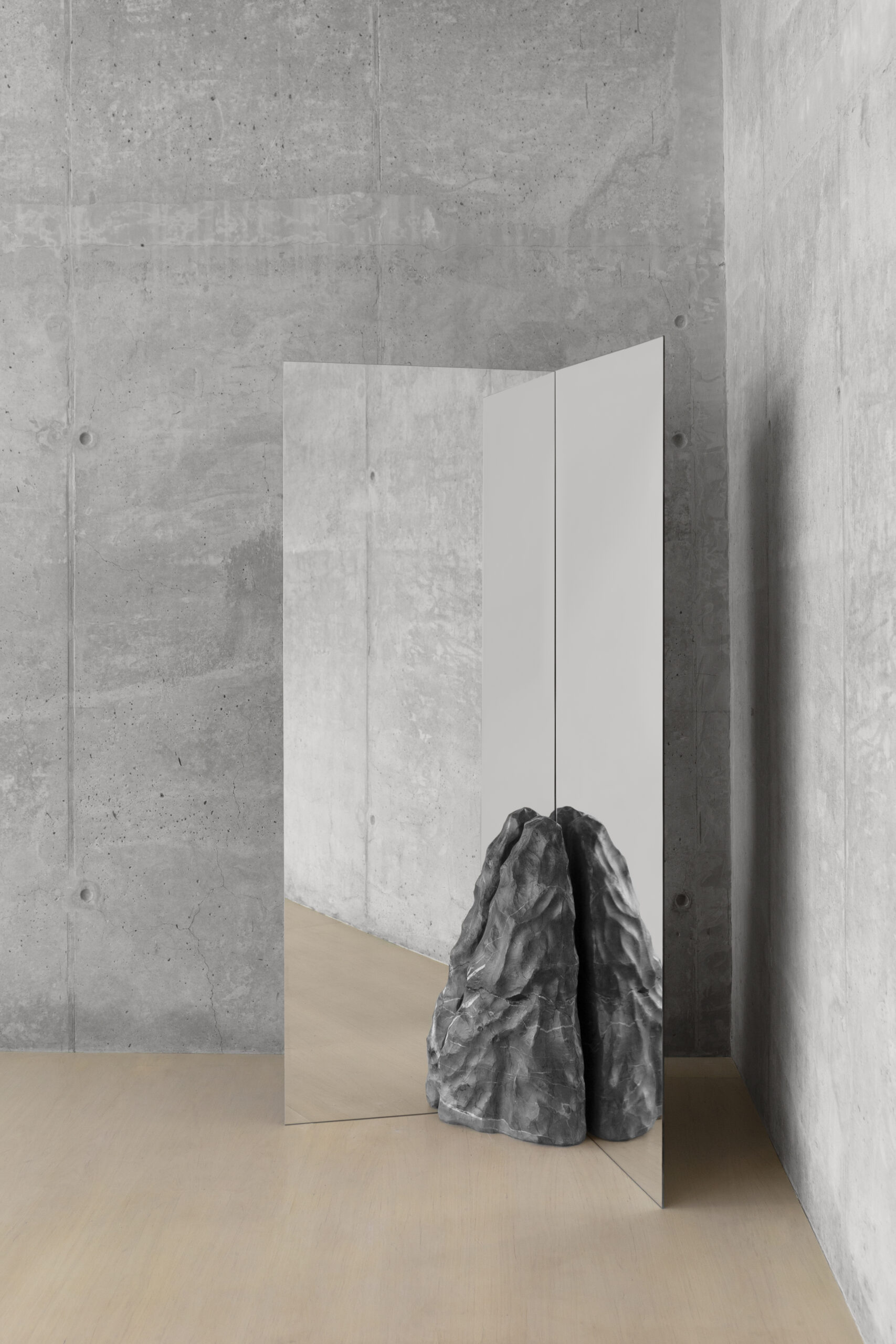 Sharp Rectangular Double Mirror with Irregular Black Stone by Andres Monnier 2