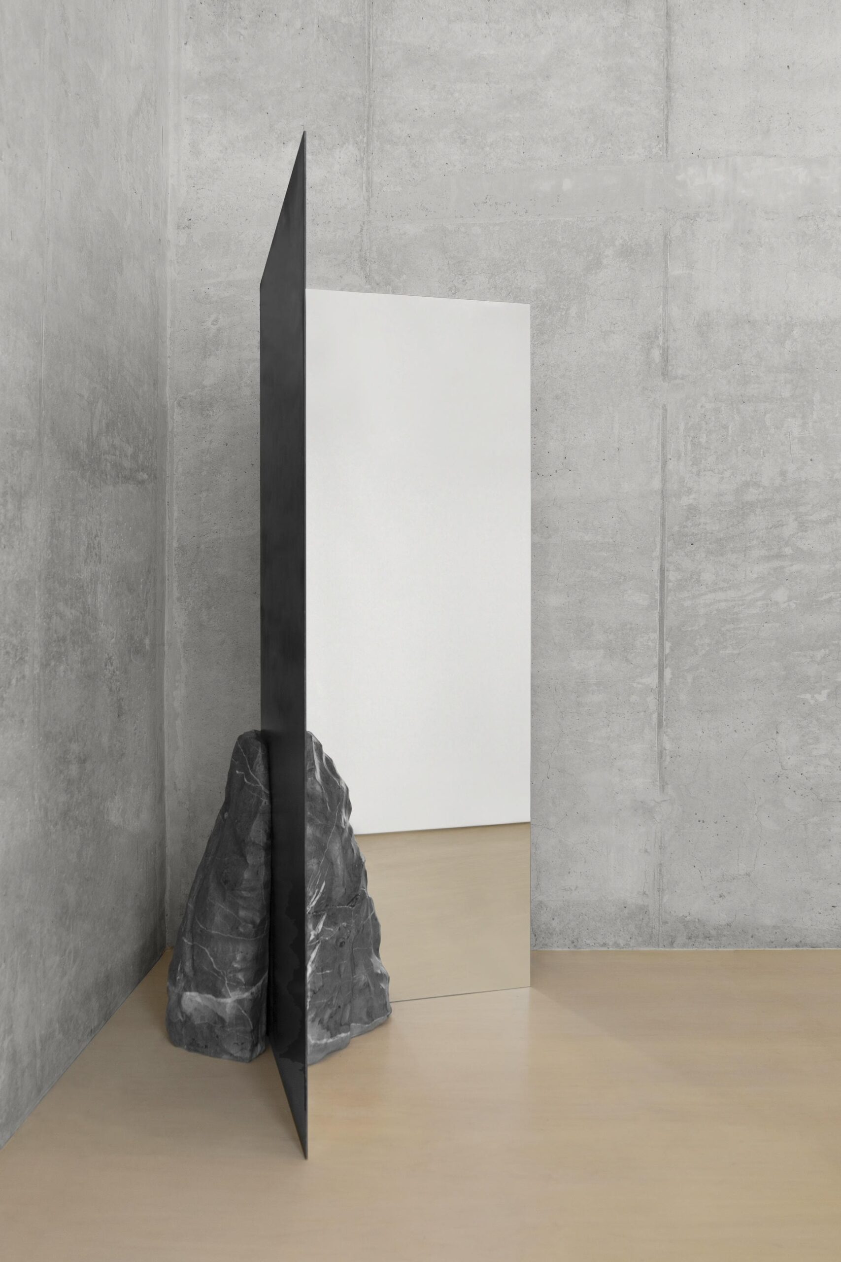 Sharp Rectangular Double Mirror with Irregular Black Stone by Andres Monnier 4